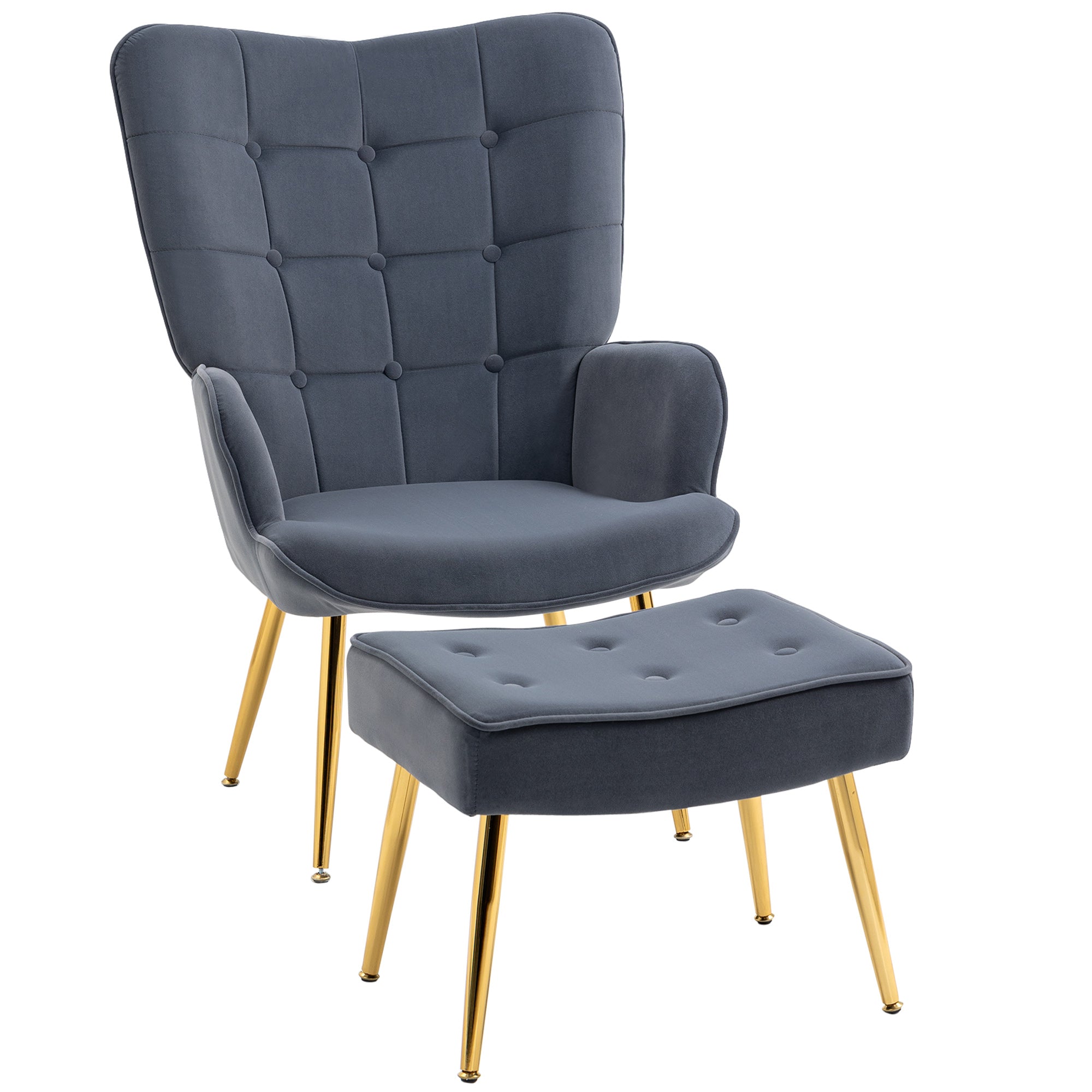 Fauteuil avec repose-pied, fauteuil salon capitonné avec dossier haut, pieds en acier doré et tissu velours, pour salon, chambre à coucher, gris foncé