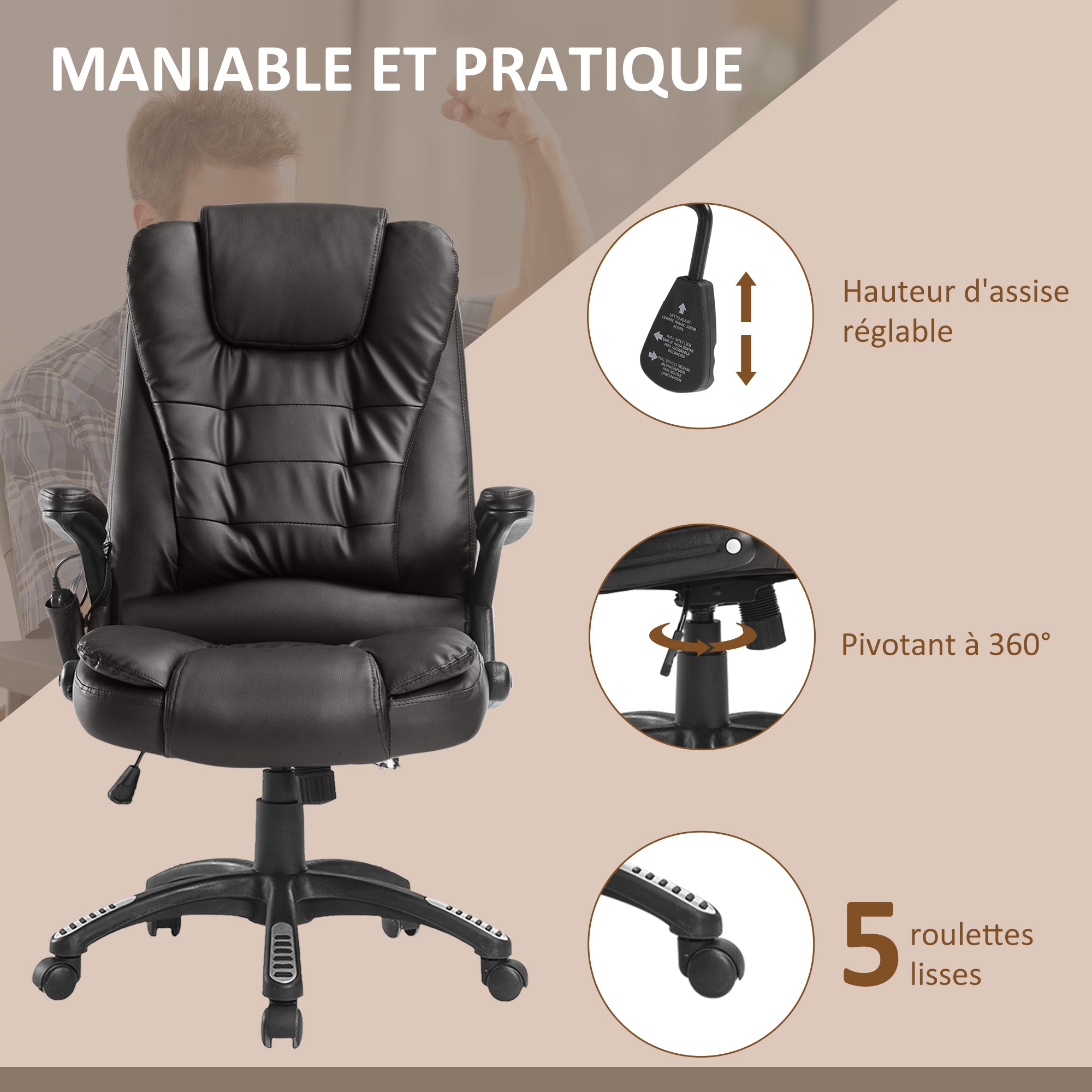 Fauteuil de bureau massant et chauffant électrique fauteuil bureau ergonomique revêtement synthétique brun