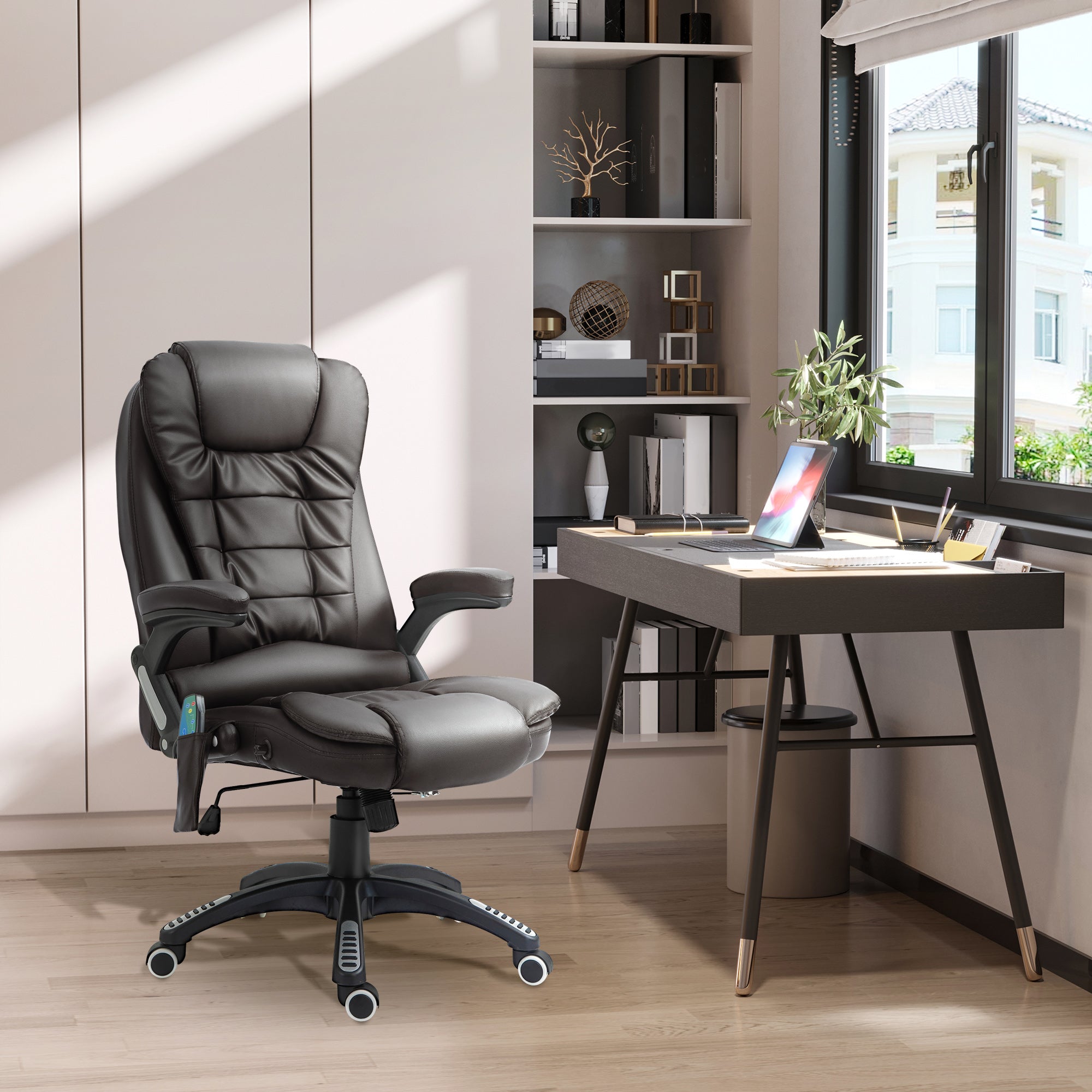Fauteuil de bureau massant et chauffant électrique fauteuil bureau ergonomique revêtement synthétique brun