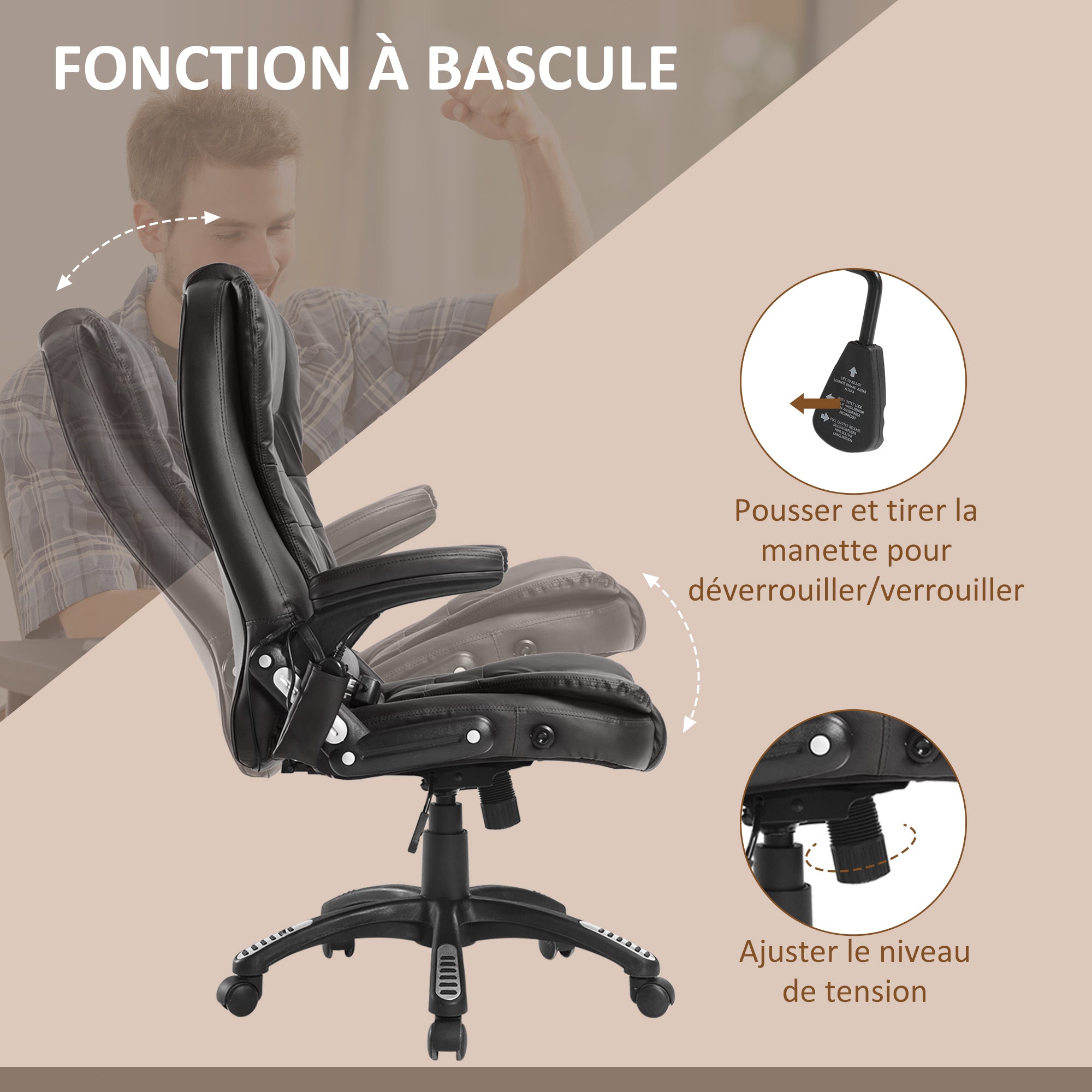 Fauteuil de bureau massant et chauffant électrique fauteuil bureau ergonomique revêtement synthétique brun