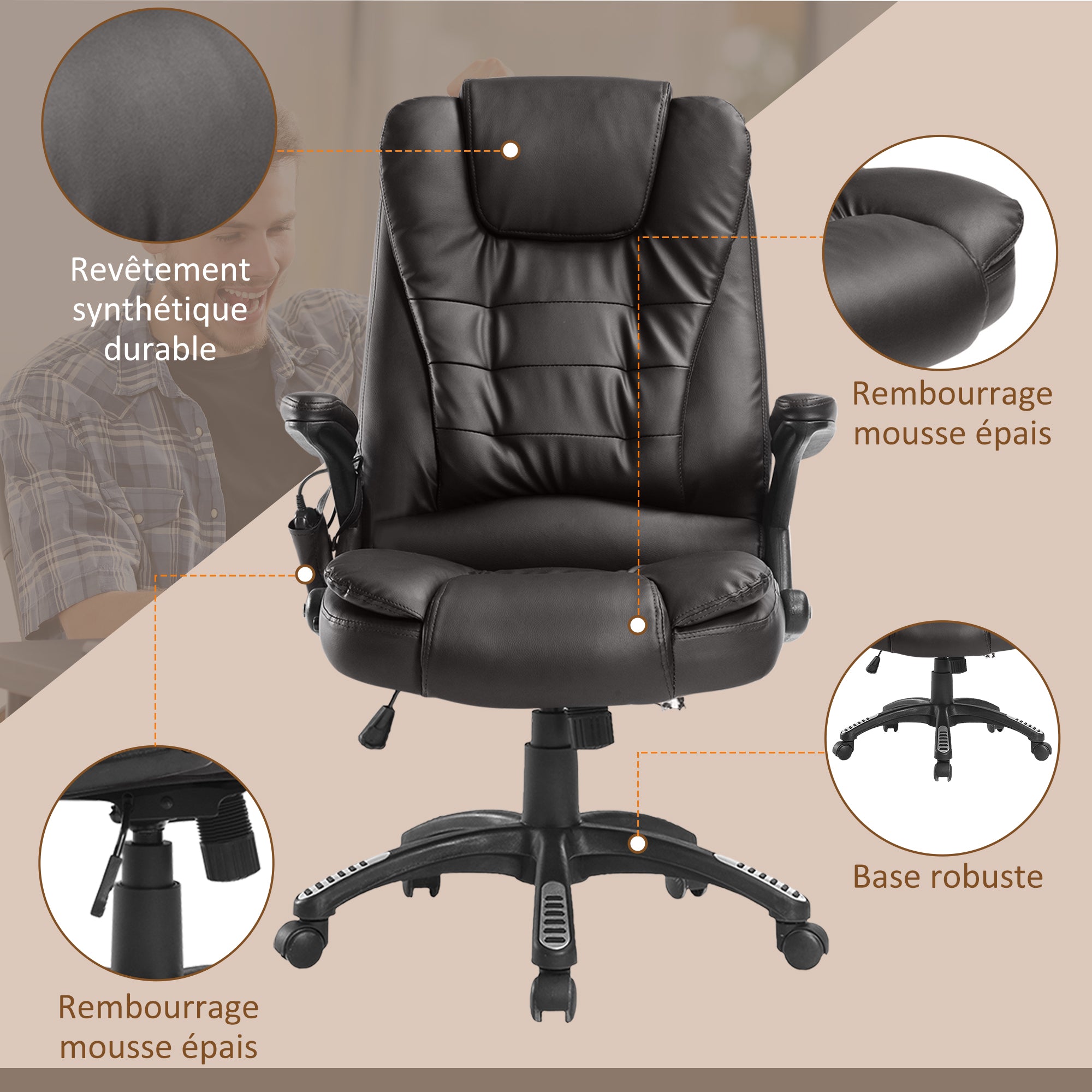 Fauteuil de bureau massant et chauffant électrique fauteuil bureau ergonomique revêtement synthétique brun