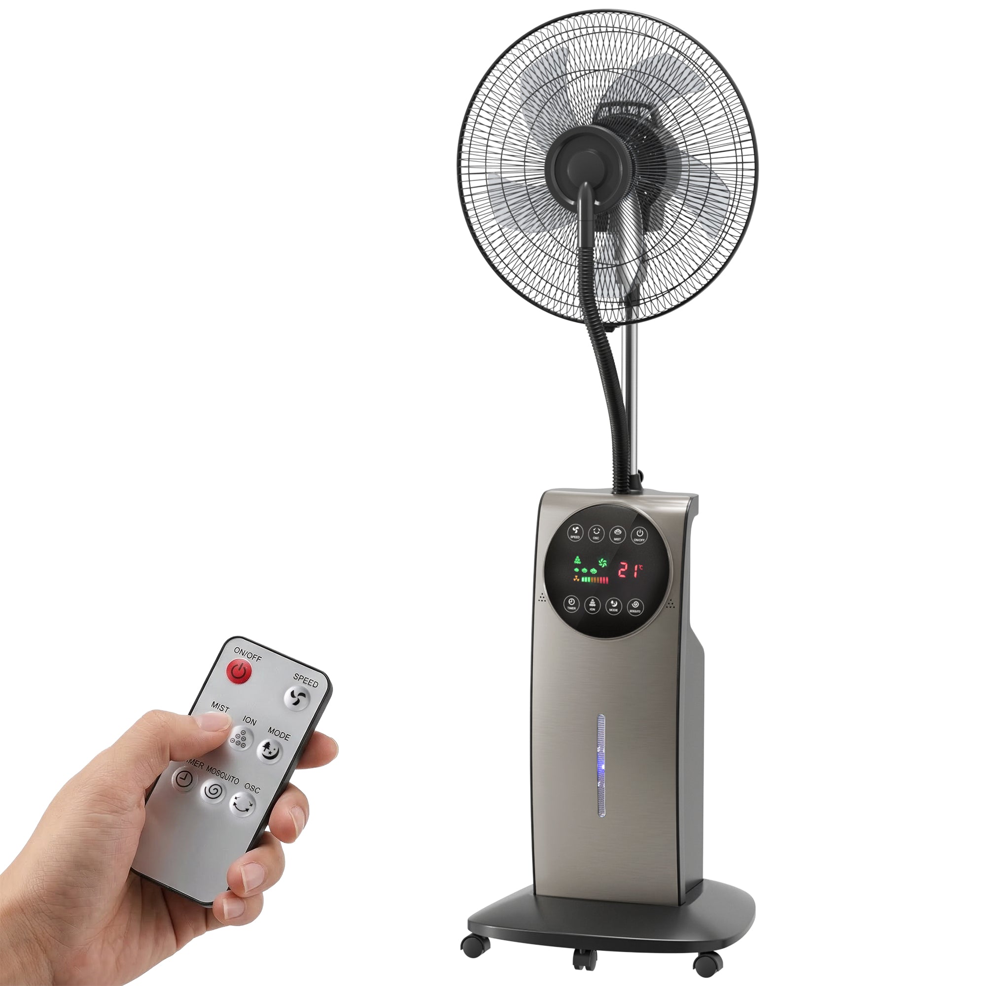 Ventilateur brumisateur silencieux 90W, ventilateur sur pied 138cm, oscillation 70°, 3 vitesses, 3 modes, ionisation négative, antimoustique, réservoir d'eau 3,1L, télécommande et minuterie 12h