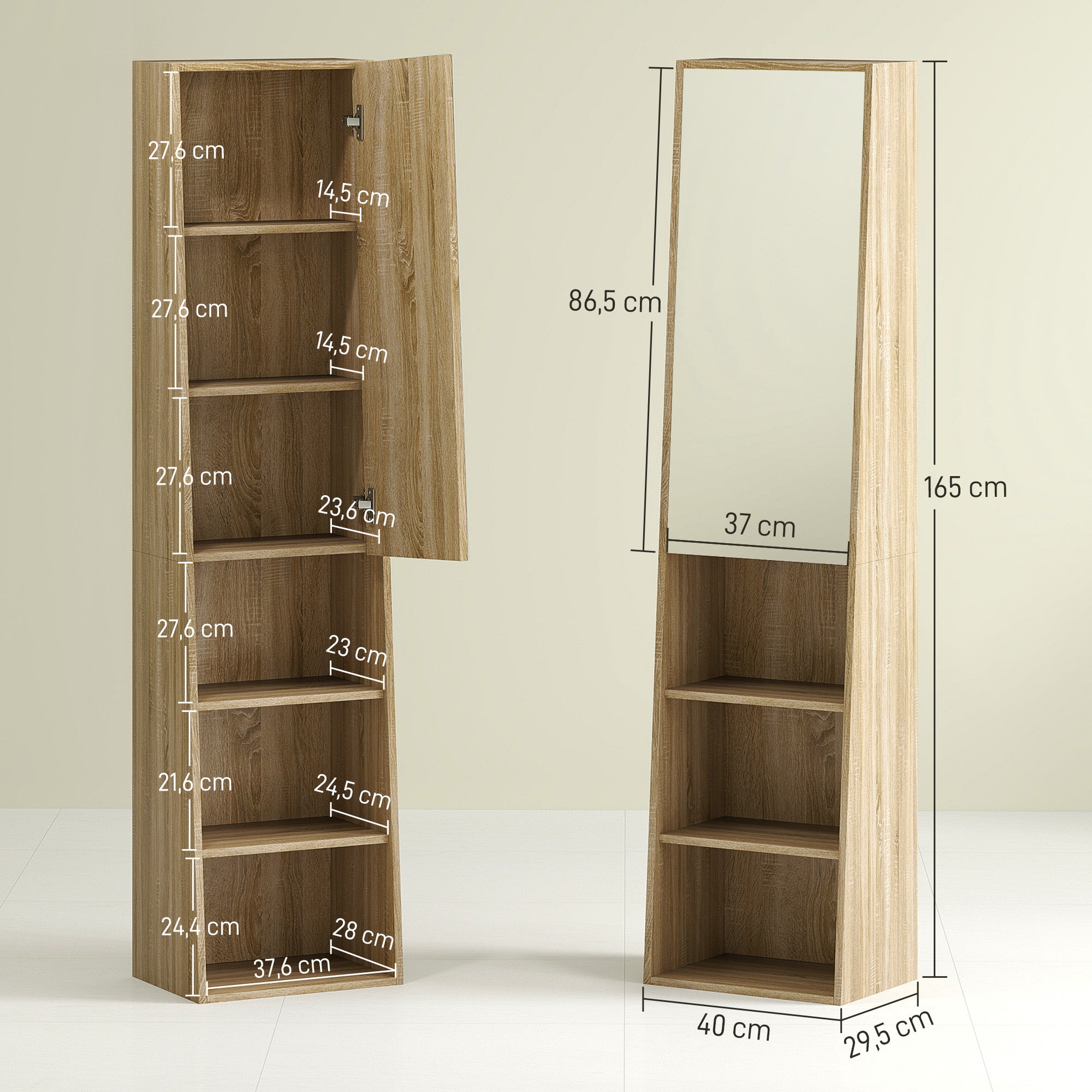 Meuble salle de bain colonne meuble de rangement trapézoïdal mince avec porte en miroir, étagère à 6 niveaux, armoire salle de bain pour petits espaces, 40 x 30 x 165 cm, bois naturel