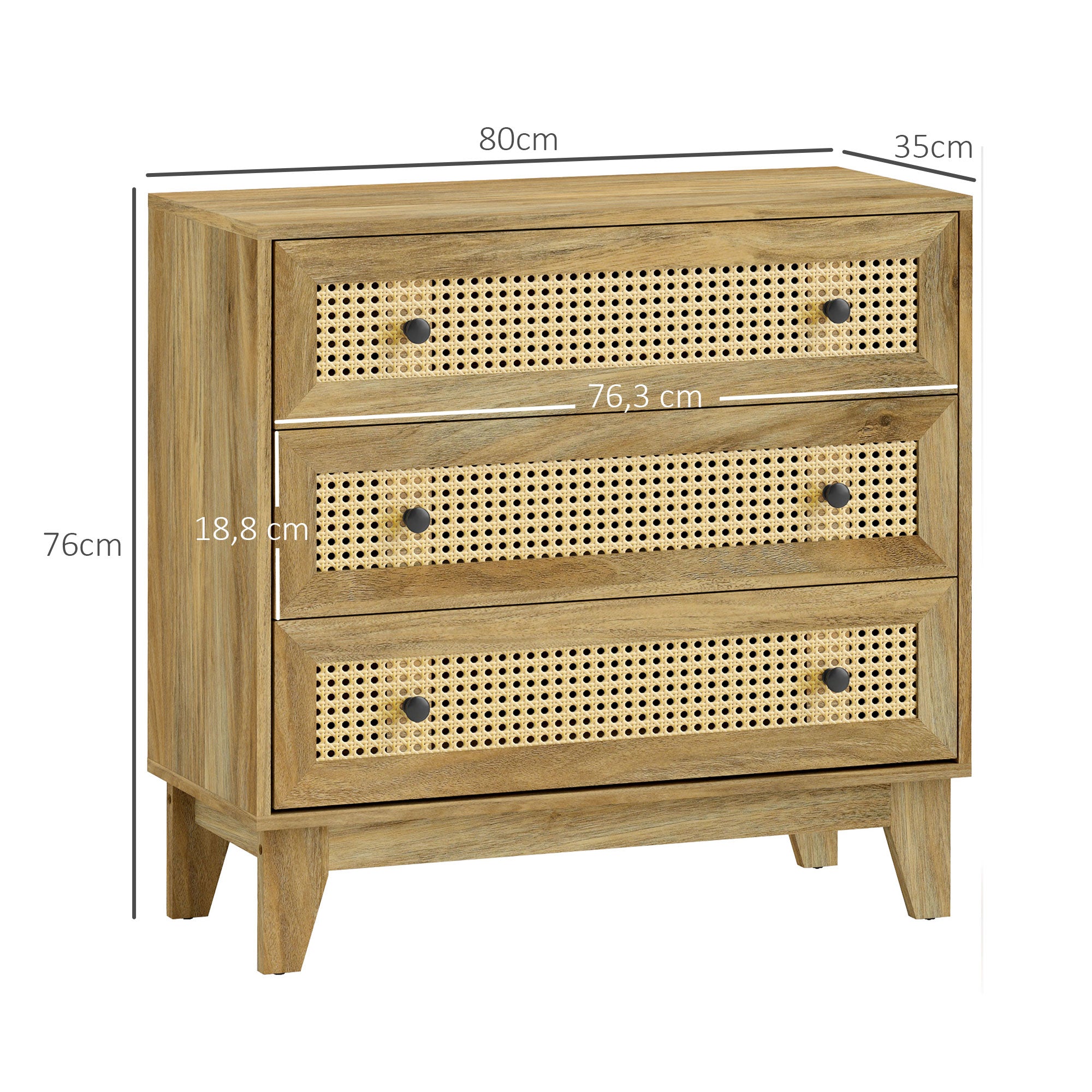 Commode 3 tiroirs meuble de rangement cannage en rotin 80 x 35 x 76 cm aspect bois clair