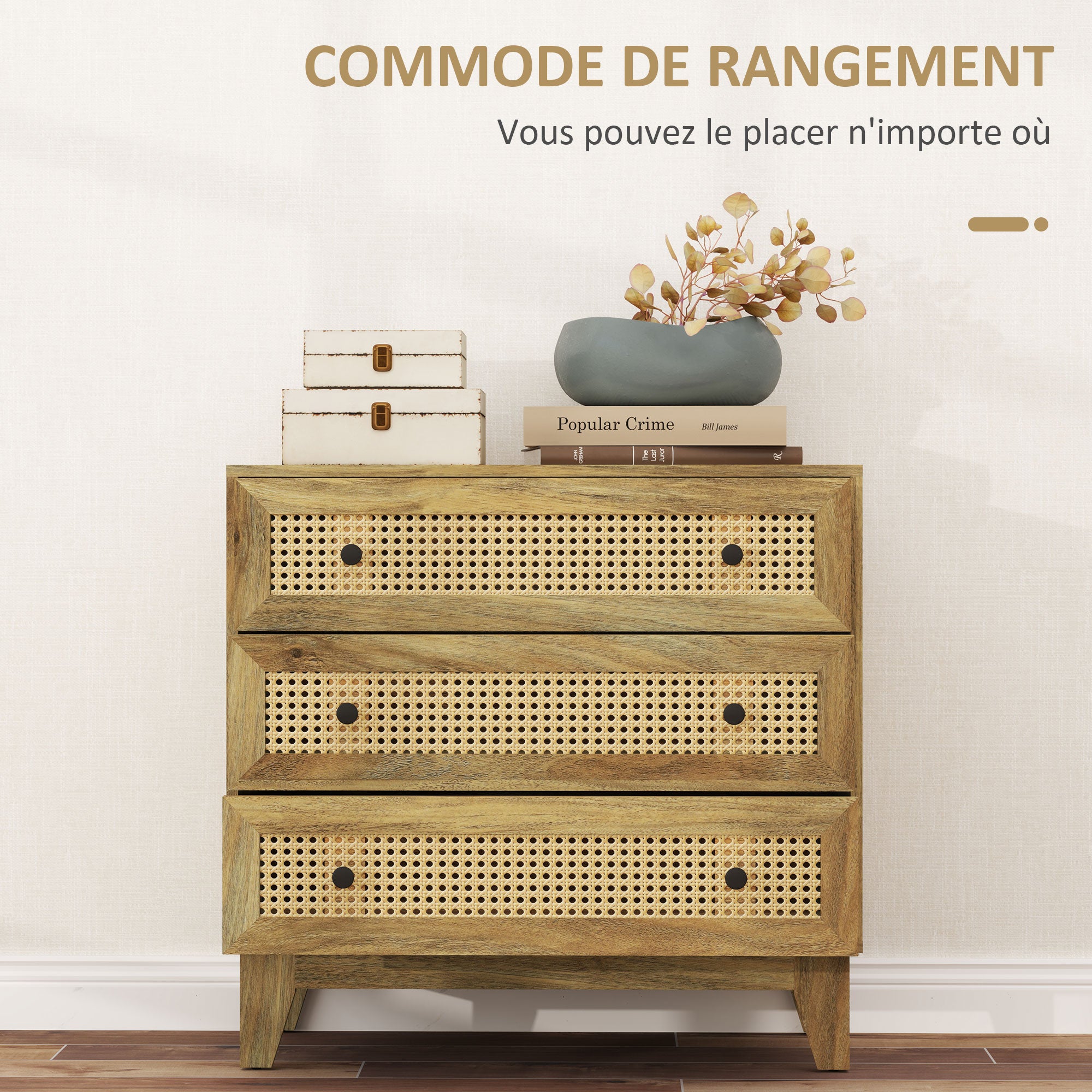 Commode 3 tiroirs meuble de rangement cannage en rotin 80 x 35 x 76 cm aspect bois clair
