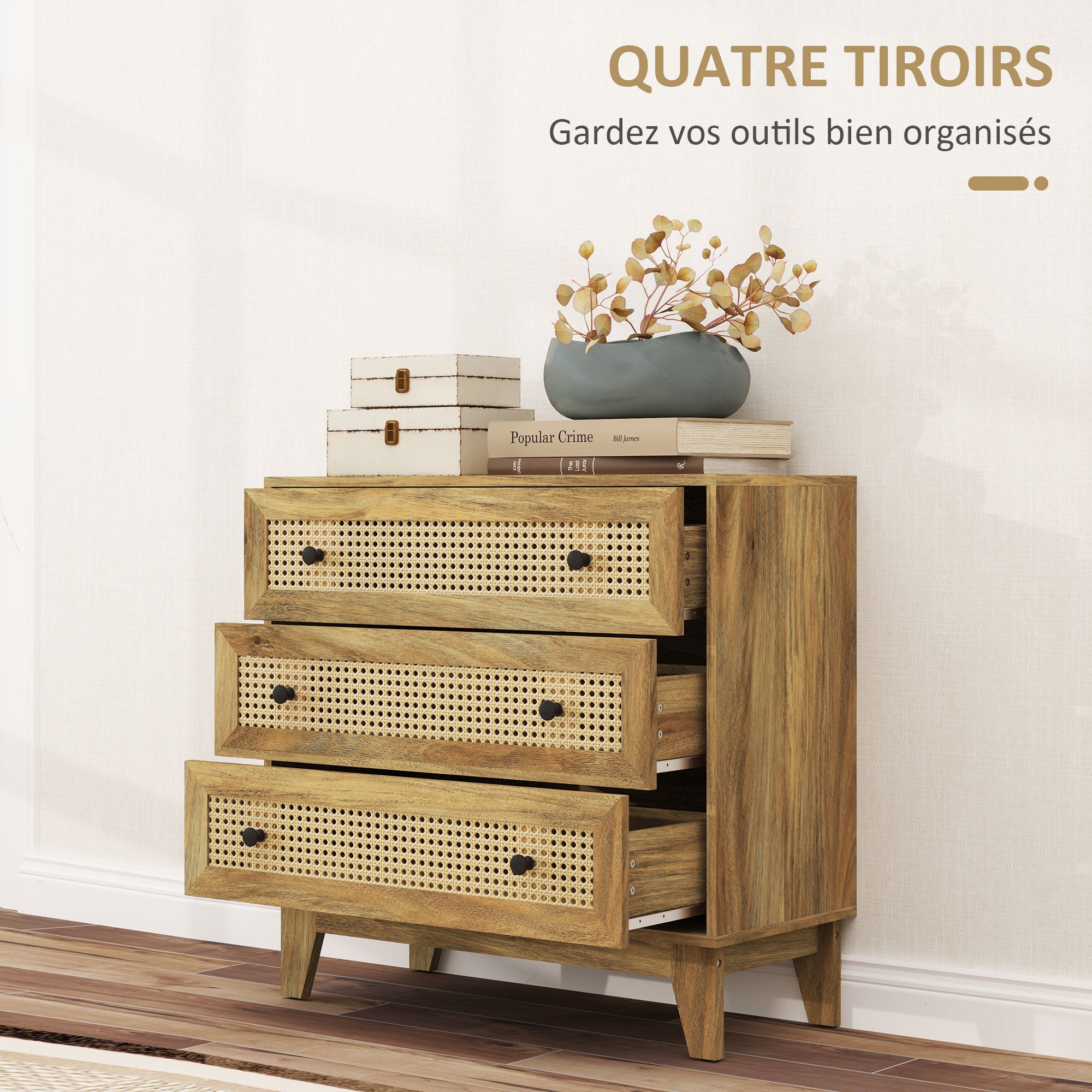 Commode 3 tiroirs meuble de rangement cannage en rotin 80 x 35 x 76 cm aspect bois clair