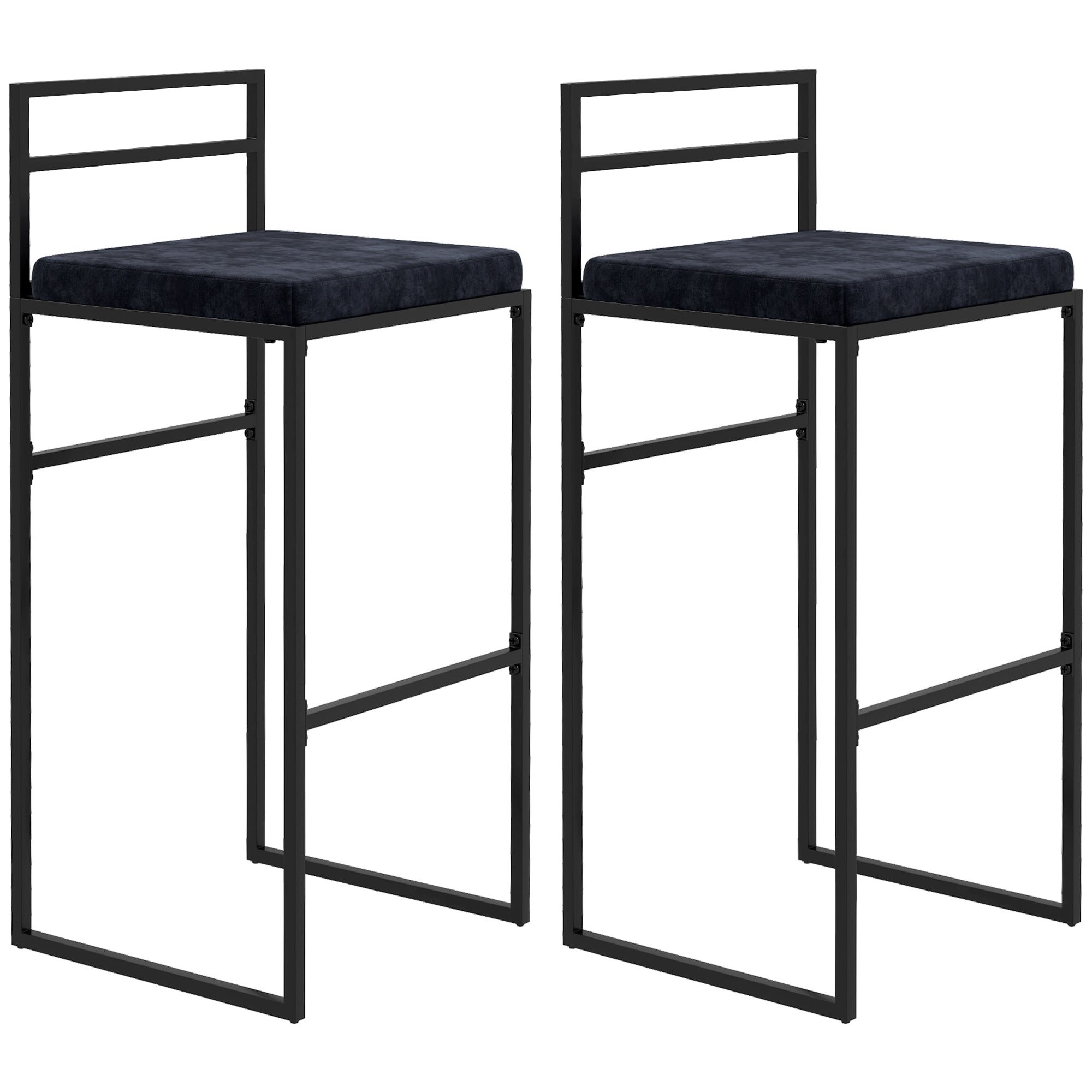 Lot de 2 chaises hautes, tabourets de bar, hauteur 74 cm, strucuture en acier, coussin d'assise en velours, repose-pieds, chaises de bar, style moderne élégant, noir