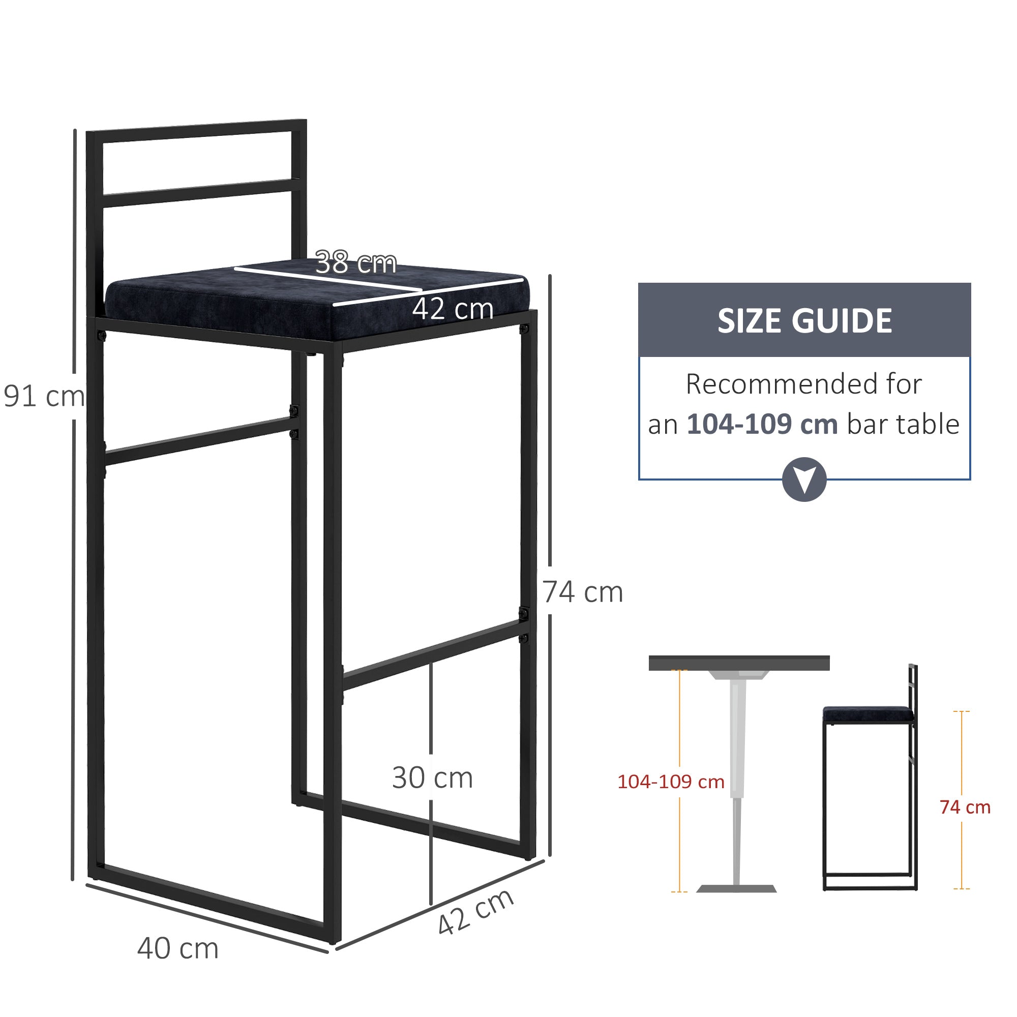 Lot de 2 chaises hautes, tabourets de bar, hauteur 74 cm, strucuture en acier, coussin d'assise en velours, repose-pieds, chaises de bar, style moderne élégant, noir