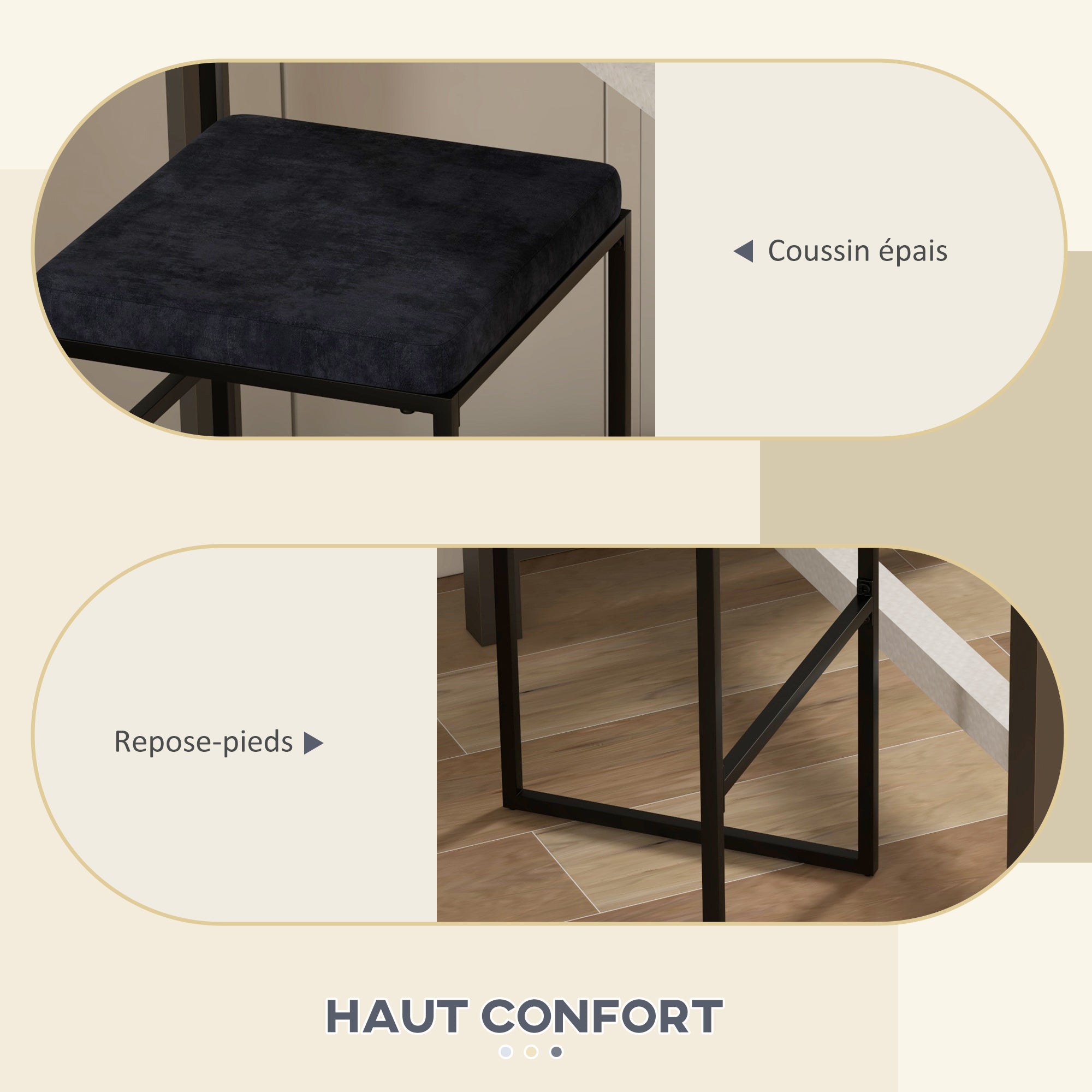 Lot de 2 chaises hautes, tabourets de bar, hauteur 74 cm, strucuture en acier, coussin d'assise en velours, repose-pieds, chaises de bar, style moderne élégant, noir