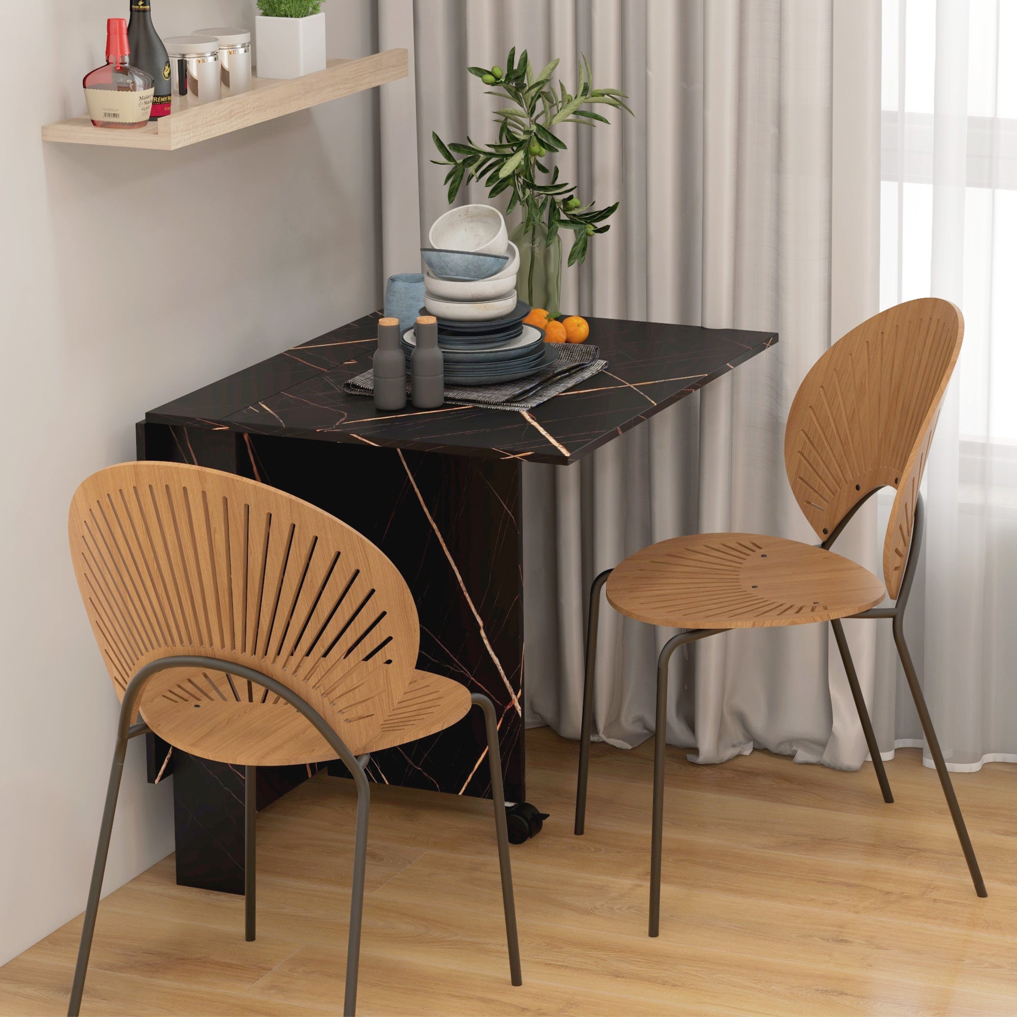 Table pliante cuisine, table à manger pliable, avec 2 abattants, 2 roues avec freins, pour 6 personnes, charge 20 kg, 120 x 80 x 73 cm, noir marbré imitation