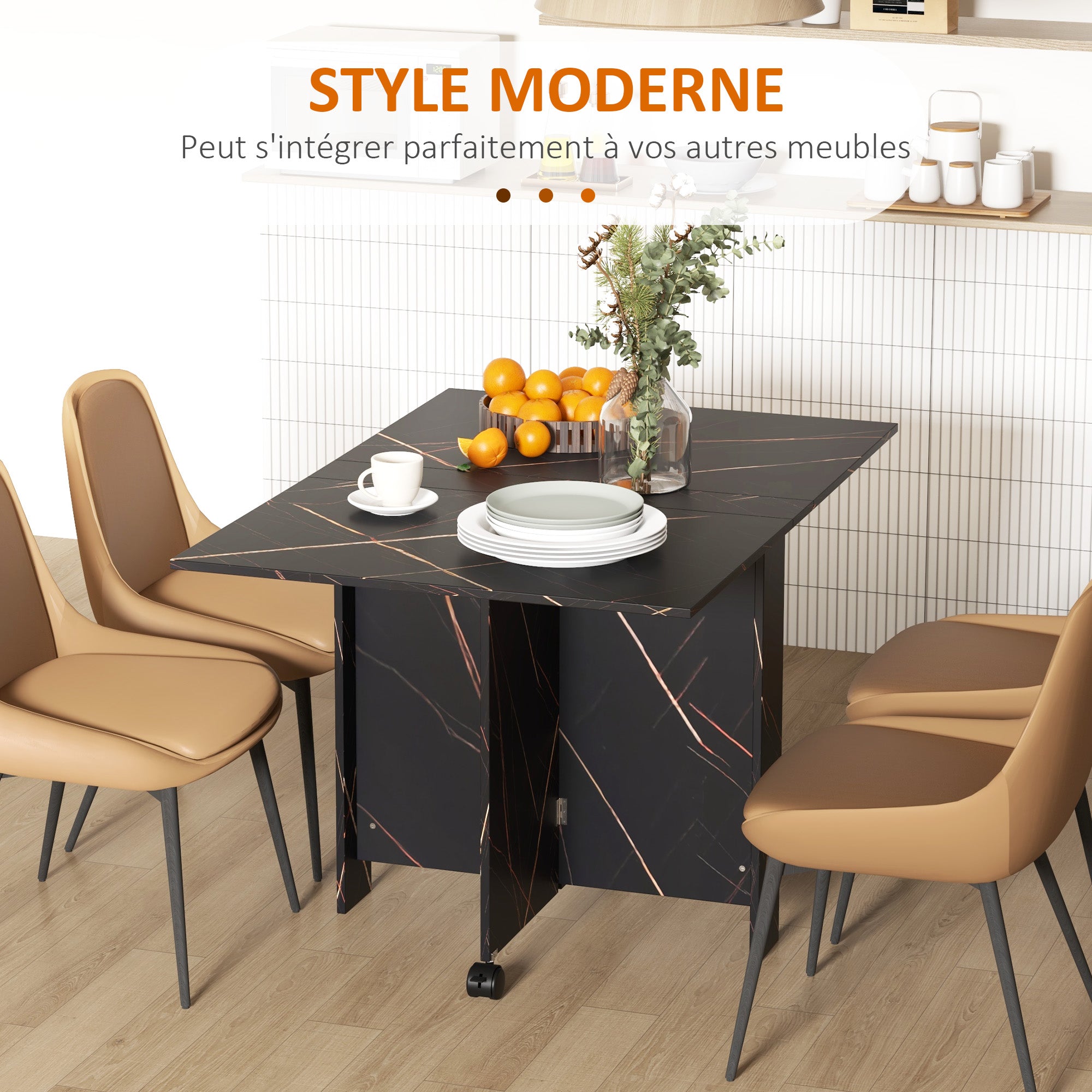 Table pliante cuisine, table à manger pliable, avec 2 abattants, 2 roues avec freins, pour 6 personnes, charge 20 kg, 120 x 80 x 73 cm, noir marbré imitation