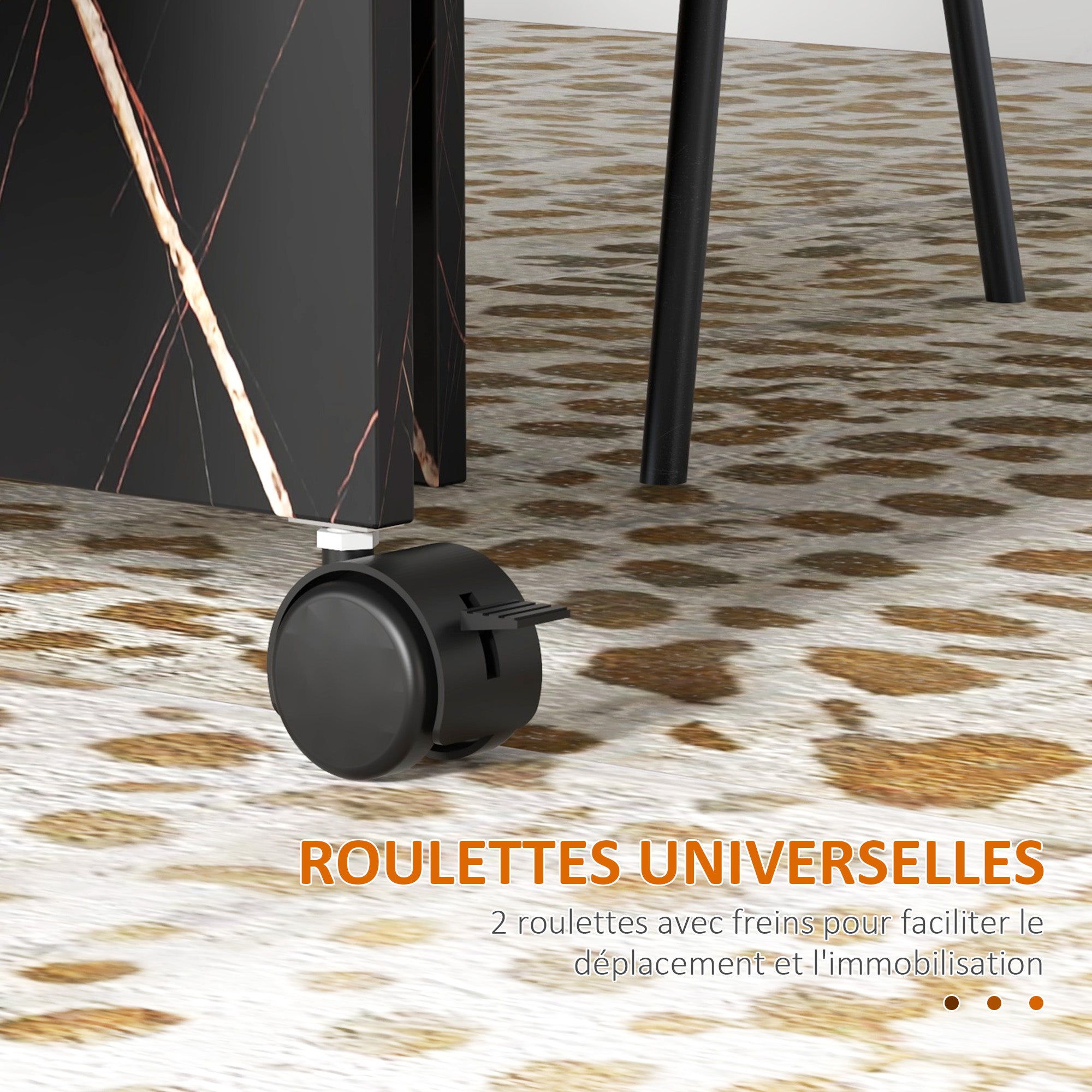 Table pliante cuisine, table à manger pliable, avec 2 abattants, 2 roues avec freins, pour 6 personnes, charge 20 kg, 120 x 80 x 73 cm, noir marbré imitation