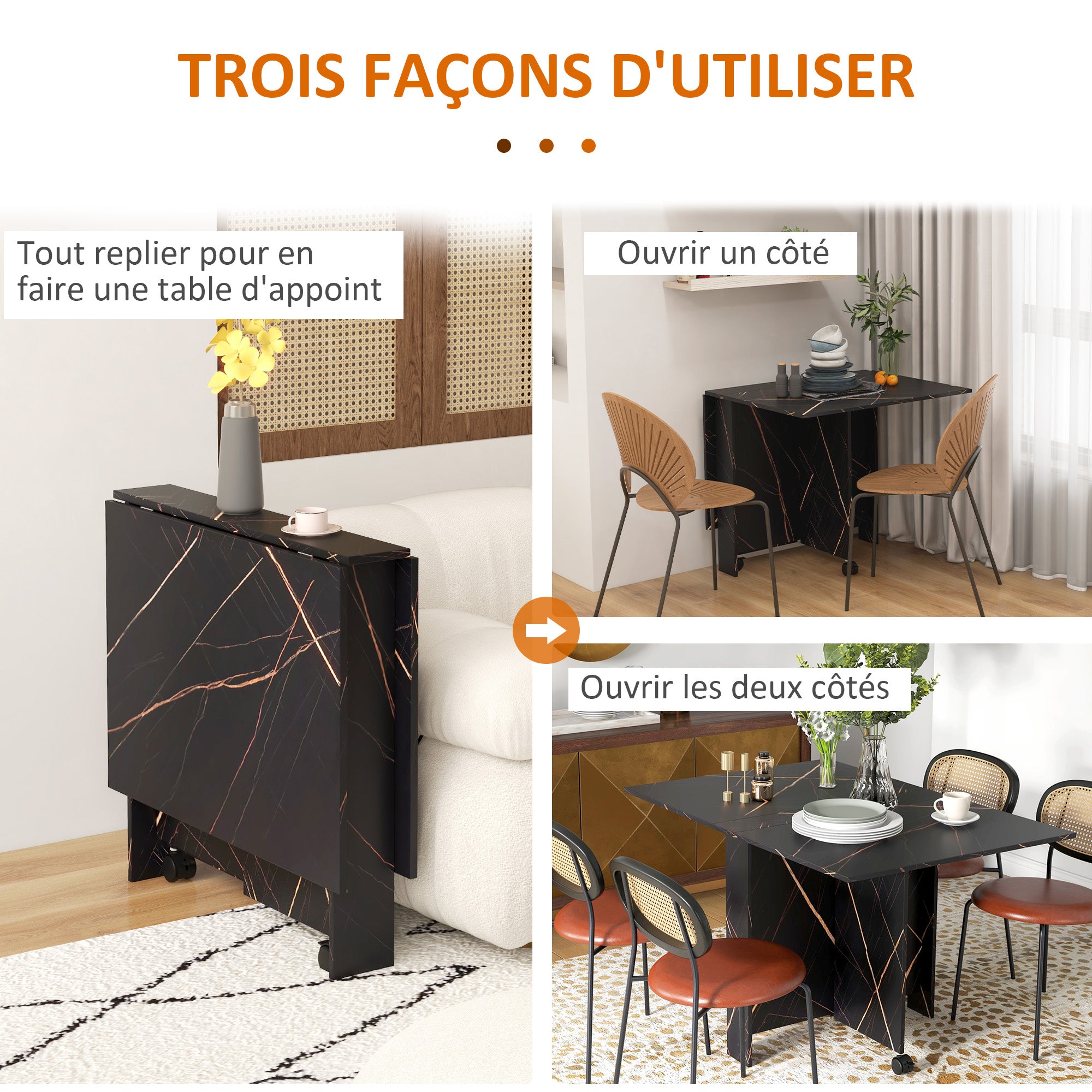 Table pliante cuisine, table à manger pliable, avec 2 abattants, 2 roues avec freins, pour 6 personnes, charge 20 kg, 120 x 80 x 73 cm, noir marbré imitation