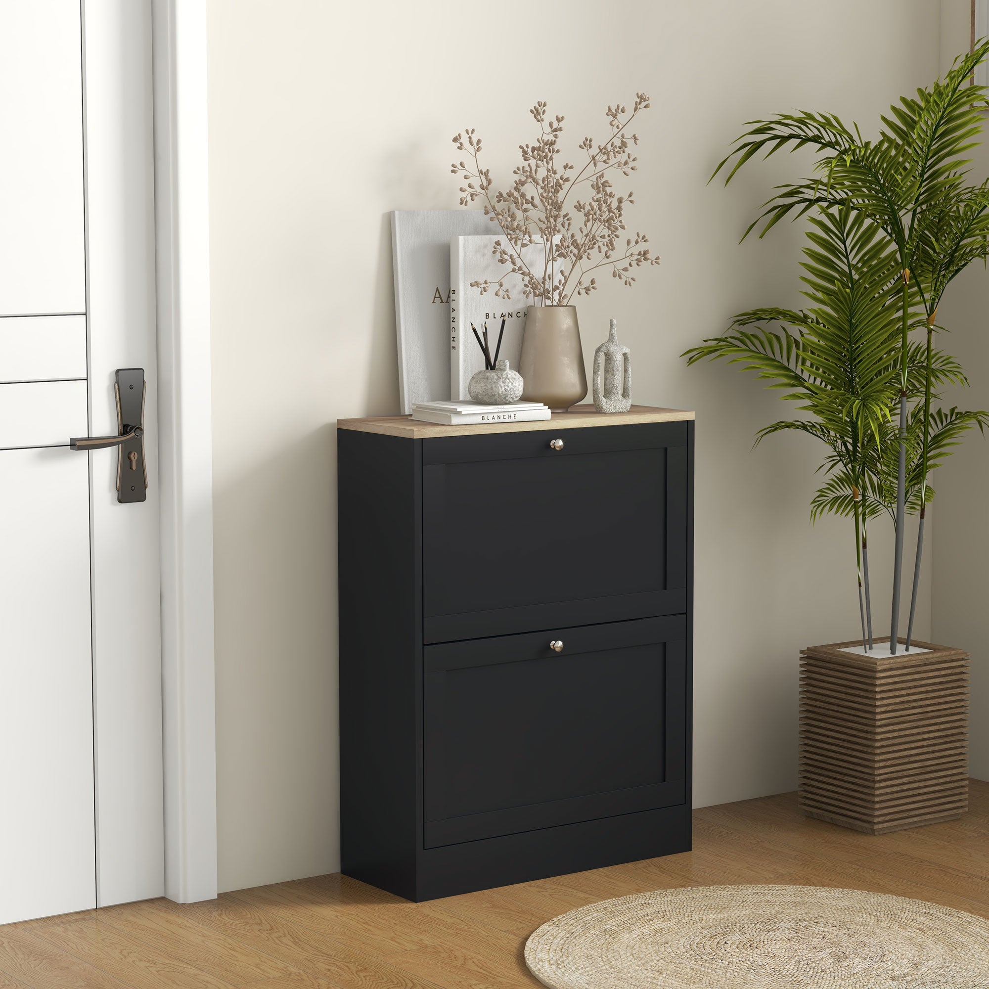 Meuble à Chaussures 12 Paires, Armoire à Chaussures Étroite Moderne avec 2 Tiroirs Rabattables et Étagères Réglables, pour Couloir et Entrée, 60 x 23,5 x 80 cm, Noir