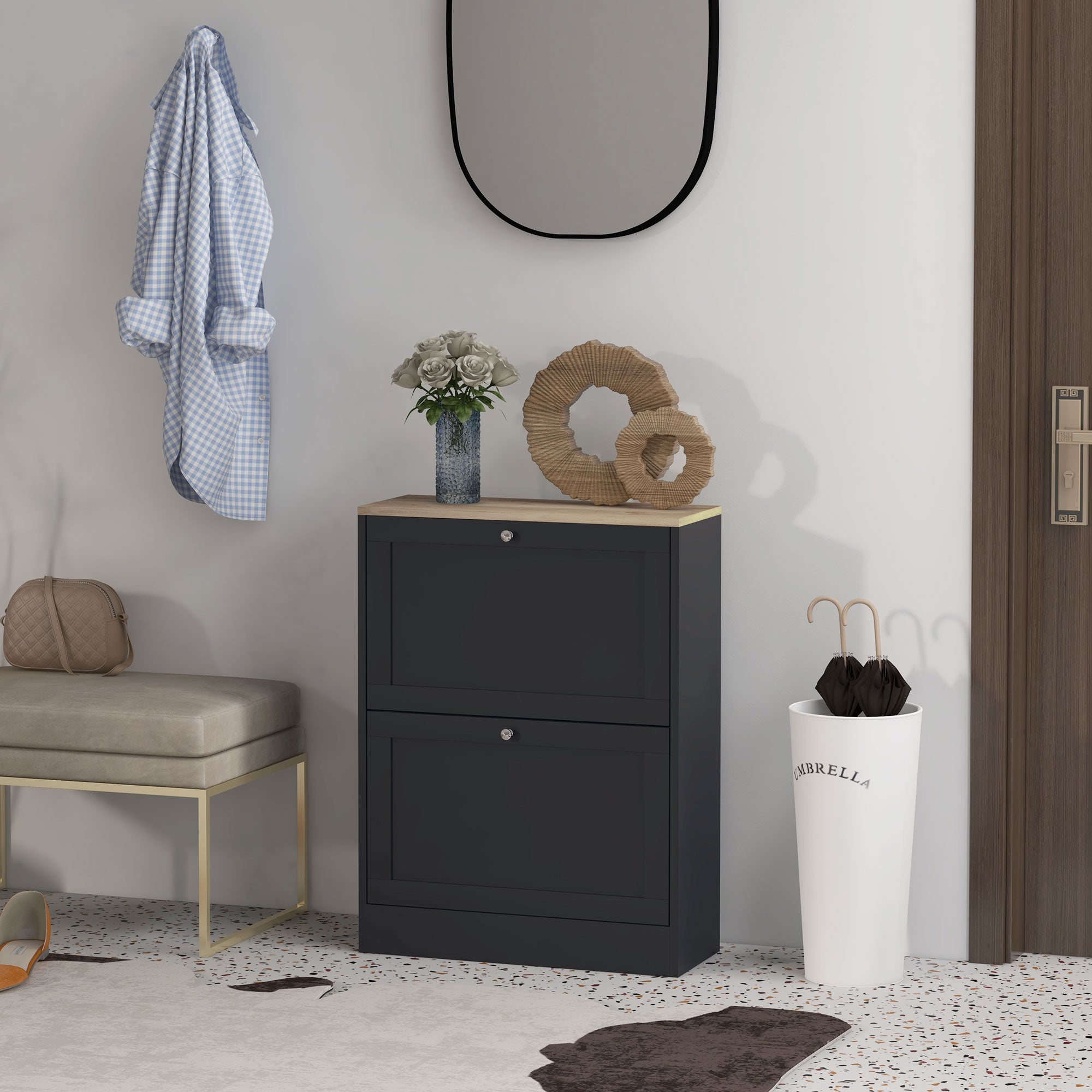 Meuble à Chaussures 12 Paires, Armoire à Chaussures Étroite Moderne avec 2 Tiroirs Rabattables et Étagères Réglables, pour Couloir et Entrée, 60 x 23,5 x 80 cm, Noir