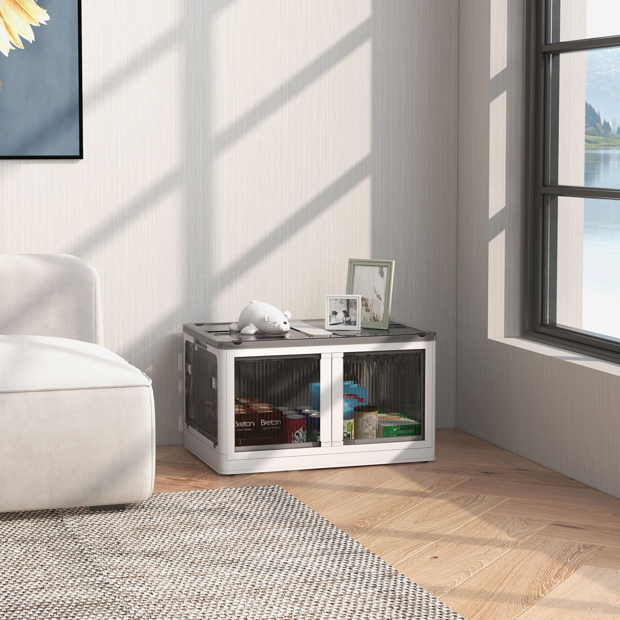 Boîte de rangement pliable et empilable 99L en plastique, caisse rangement cube avec couvercle et 4 roulettes, accès à 5 côtés, pour jouets et livres, blanc