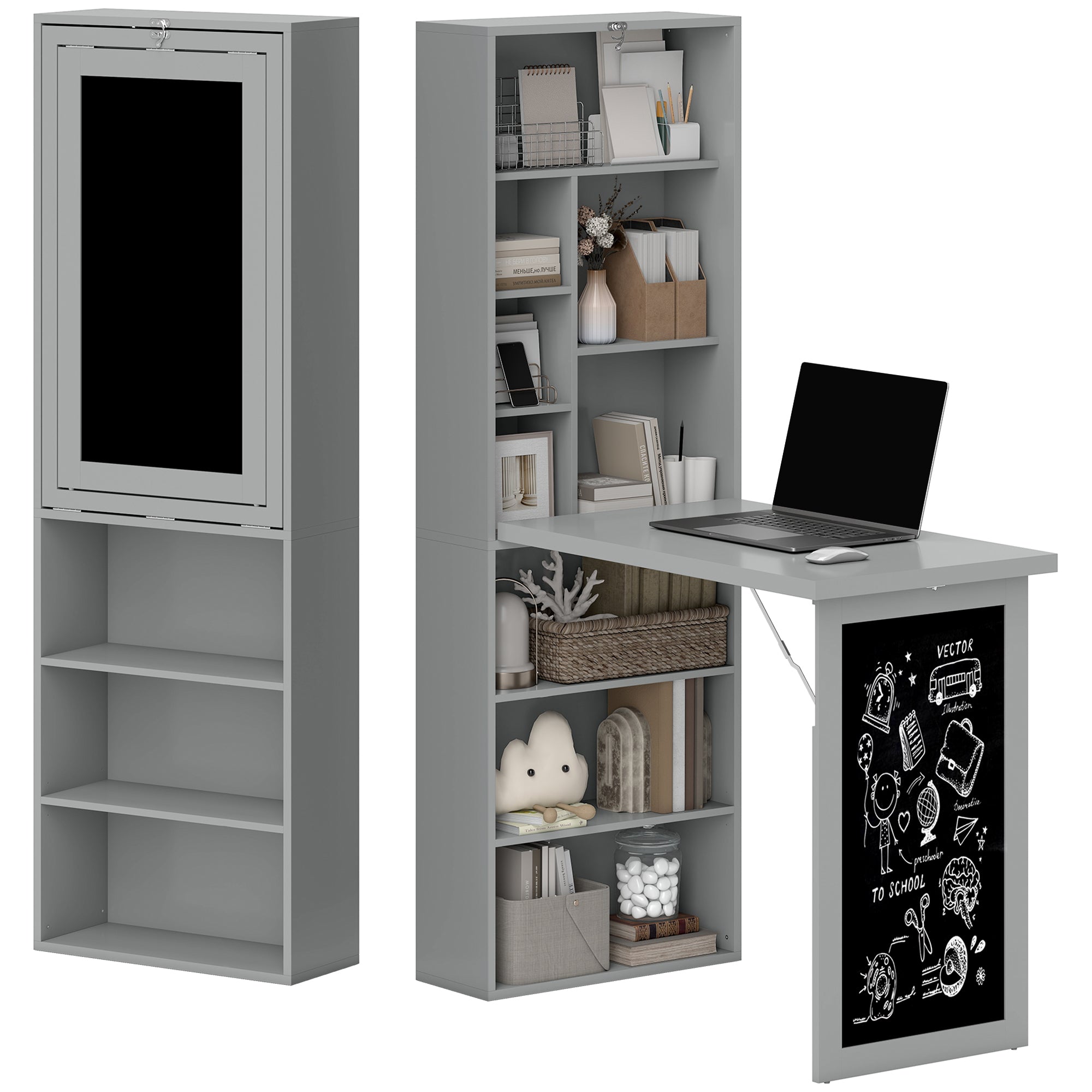 Bureau informatique pliable, bureau avec bibliothèque, poste de travail, tableau noir, 9 compartiments ouverts et étagère réglable, table d'ordinateur pour chambre, 98x51x153cm, gris