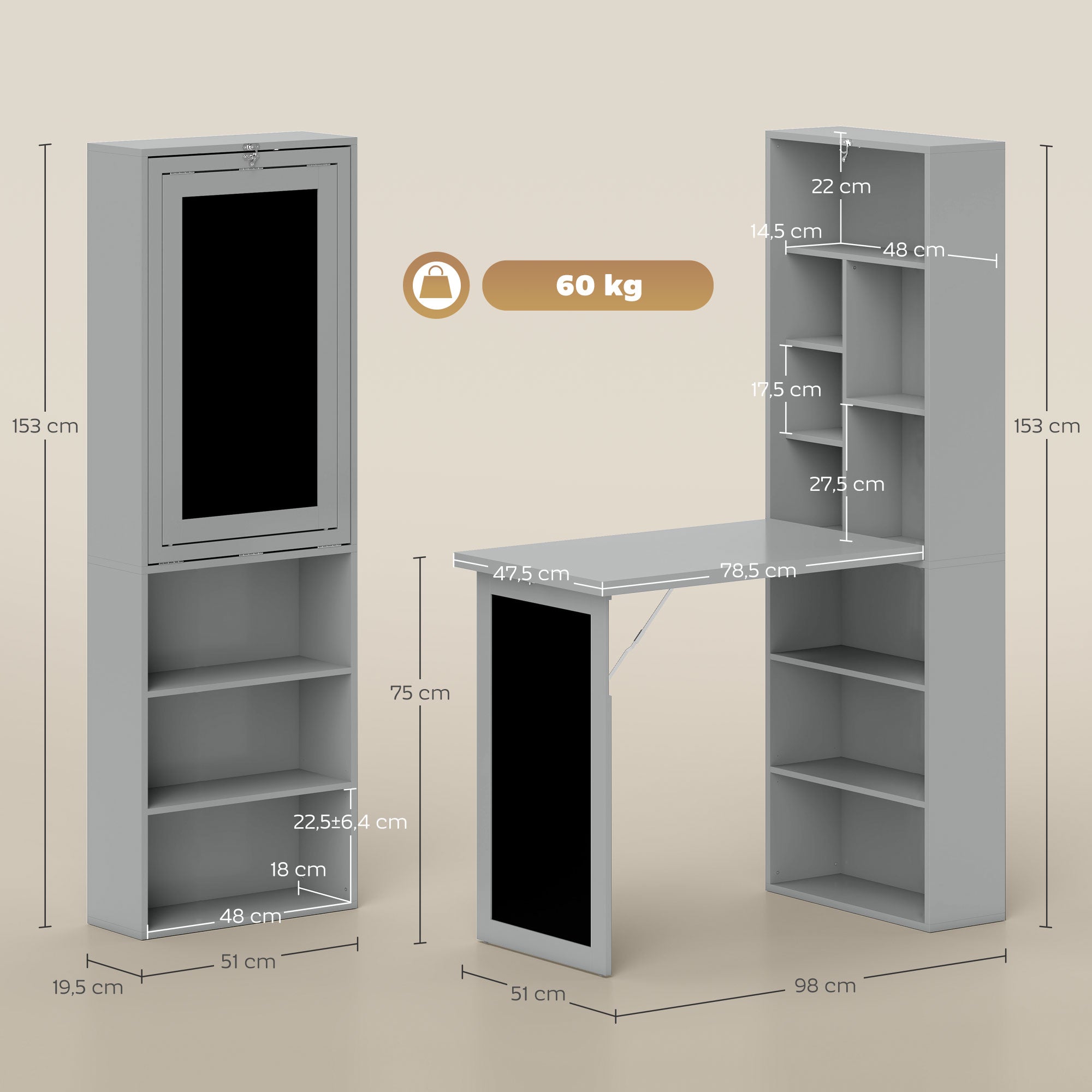 Bureau informatique pliable, bureau avec bibliothèque, poste de travail, tableau noir, 9 compartiments ouverts et étagère réglable, table d'ordinateur pour chambre, 98x51x153cm, gris