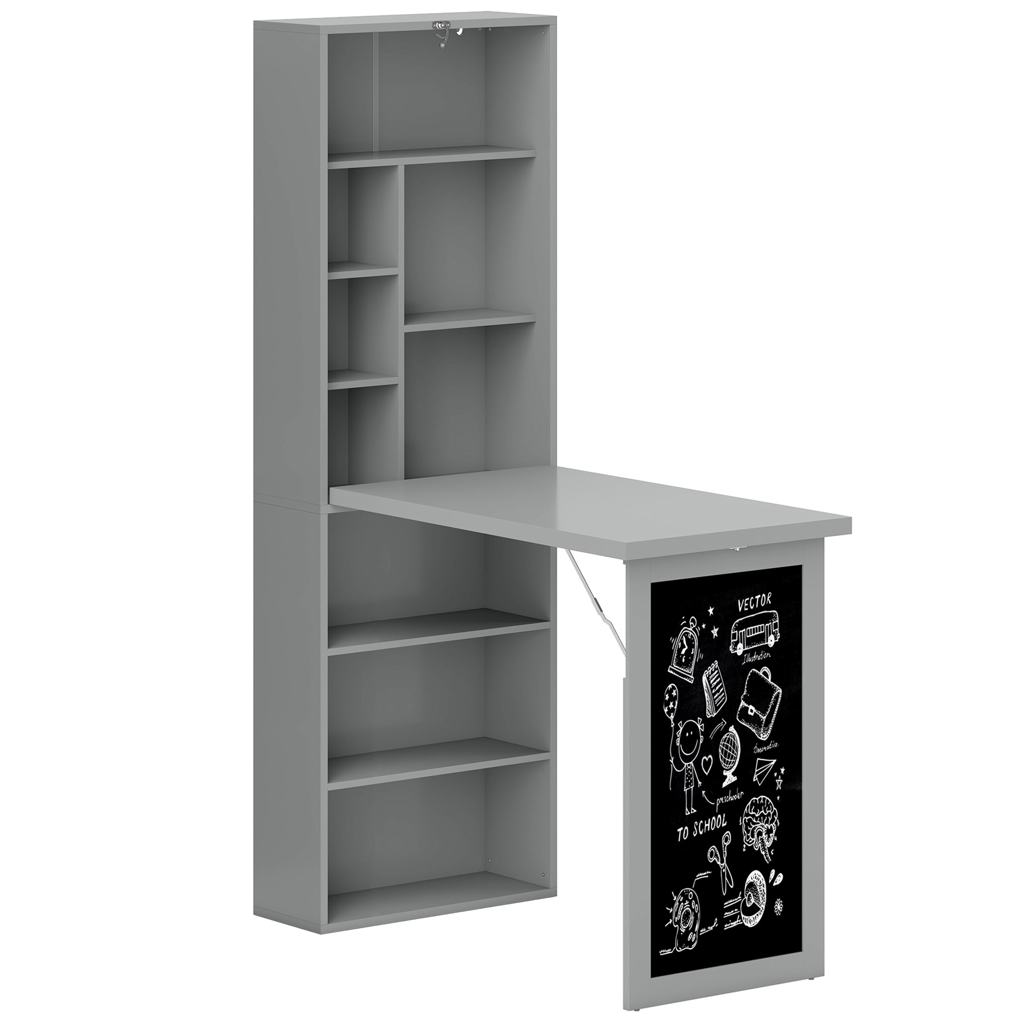 Bureau informatique pliable, bureau avec bibliothèque, poste de travail, tableau noir, 9 compartiments ouverts et étagère réglable, table d'ordinateur pour chambre, 98x51x153cm, gris