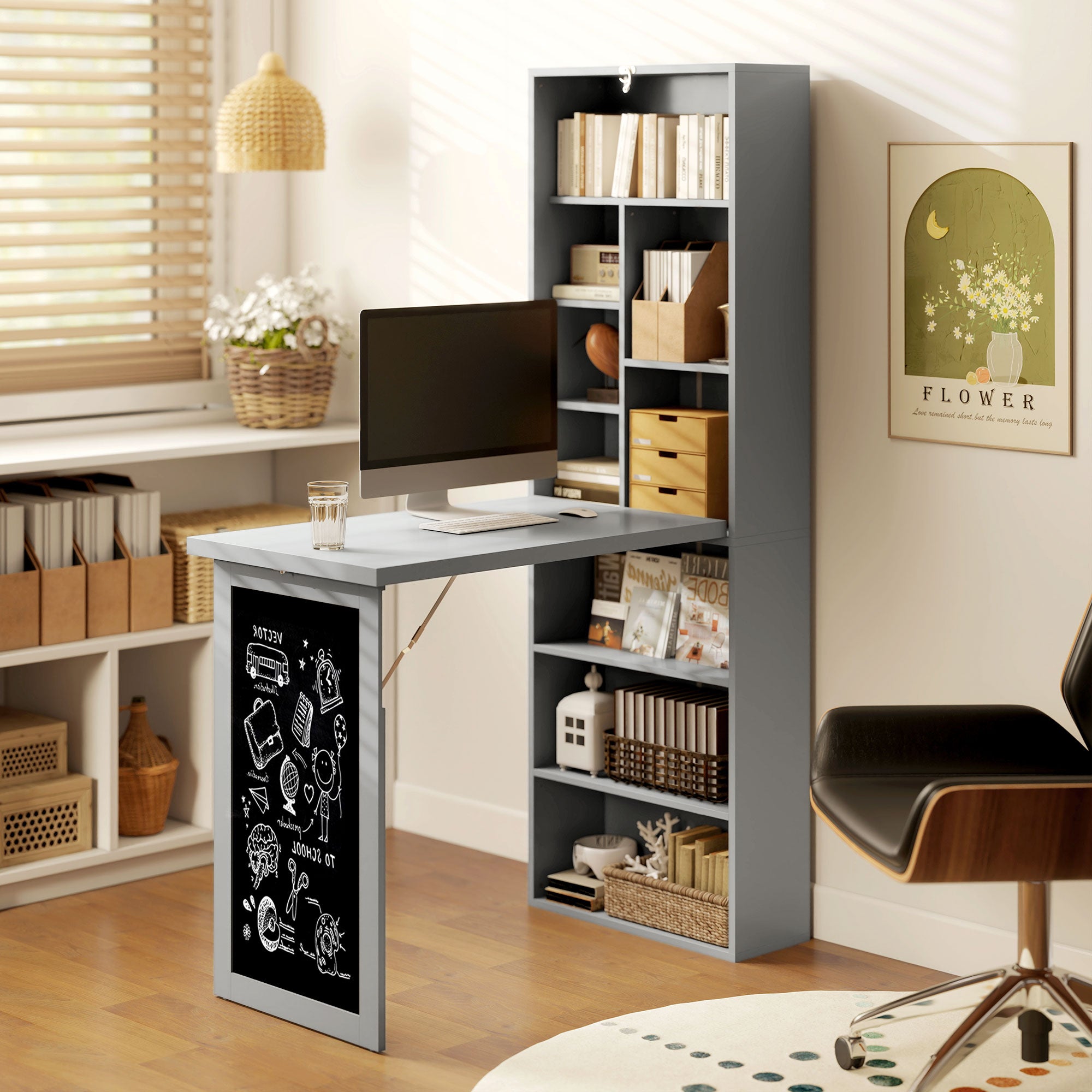 Bureau informatique pliable, bureau avec bibliothèque, poste de travail, tableau noir, 9 compartiments ouverts et étagère réglable, table d'ordinateur pour chambre, 98x51x153cm, gris