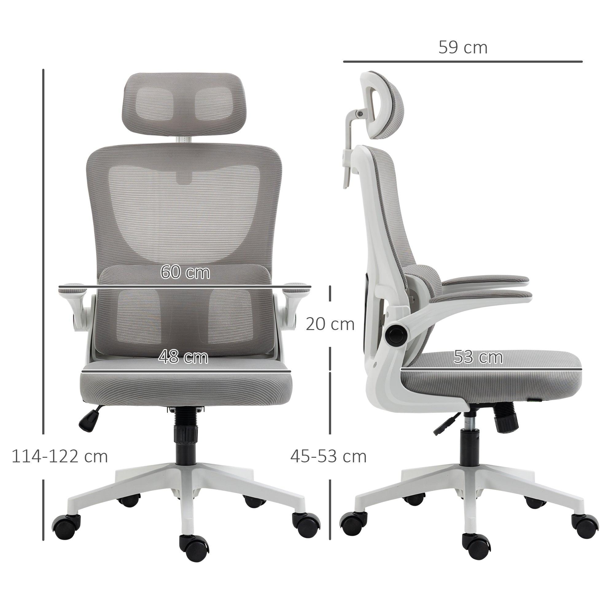 Fauteuil de bureau, chaise ergonomique, maille respirant, accoudoirs relevables, pivotant, appui-tête réglable et support lombaire, hauteur d'assise réglable, gris