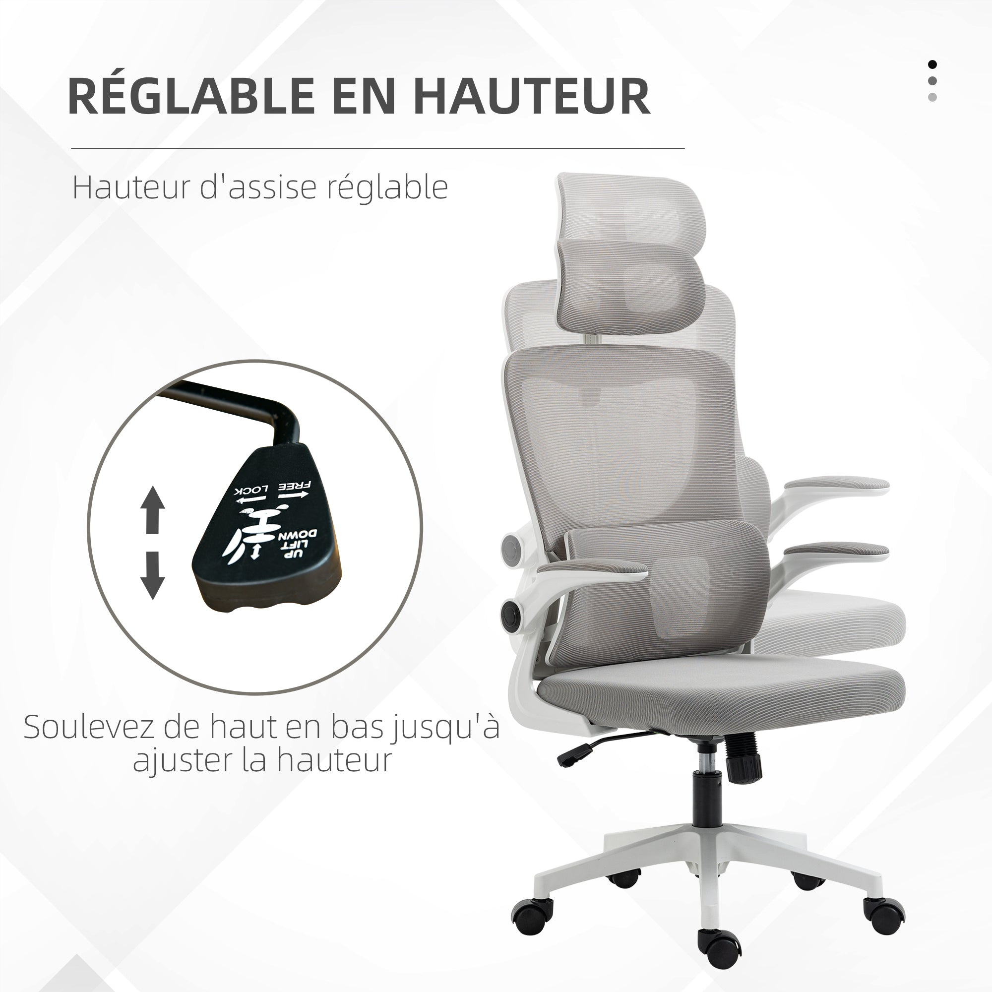 Fauteuil de bureau, chaise ergonomique, maille respirant, accoudoirs relevables, pivotant, appui-tête réglable et support lombaire, hauteur d'assise réglable, gris