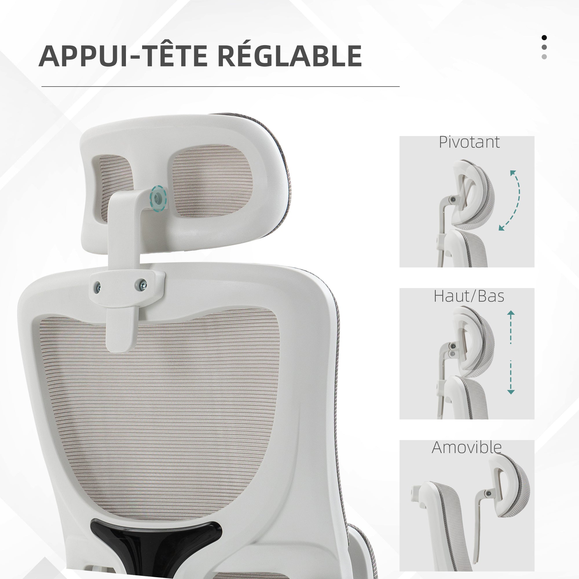 Fauteuil de bureau, chaise ergonomique, maille respirant, accoudoirs relevables, pivotant, appui-tête réglable et support lombaire, hauteur d'assise réglable, gris
