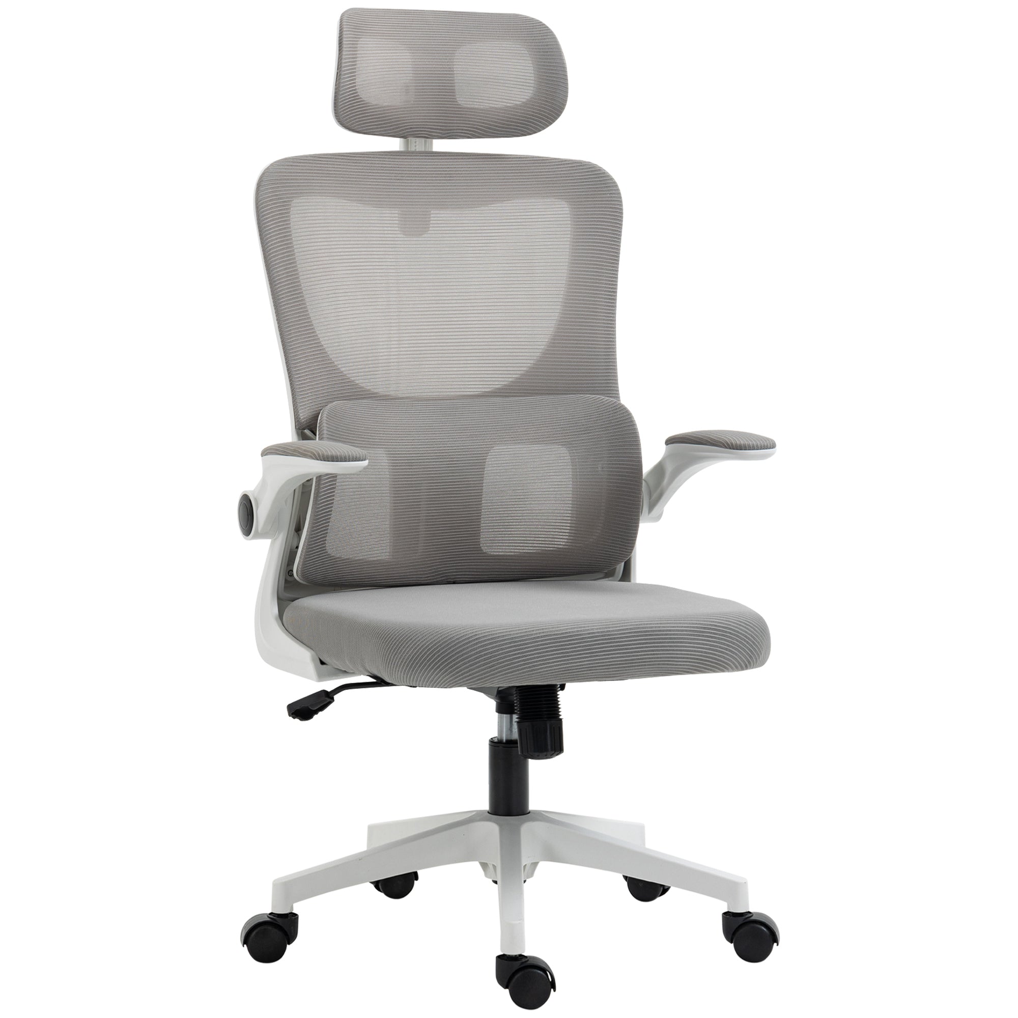 Fauteuil de bureau, chaise ergonomique, maille respirant, accoudoirs relevables, pivotant, appui-tête réglable et support lombaire, hauteur d'assise réglable, gris
