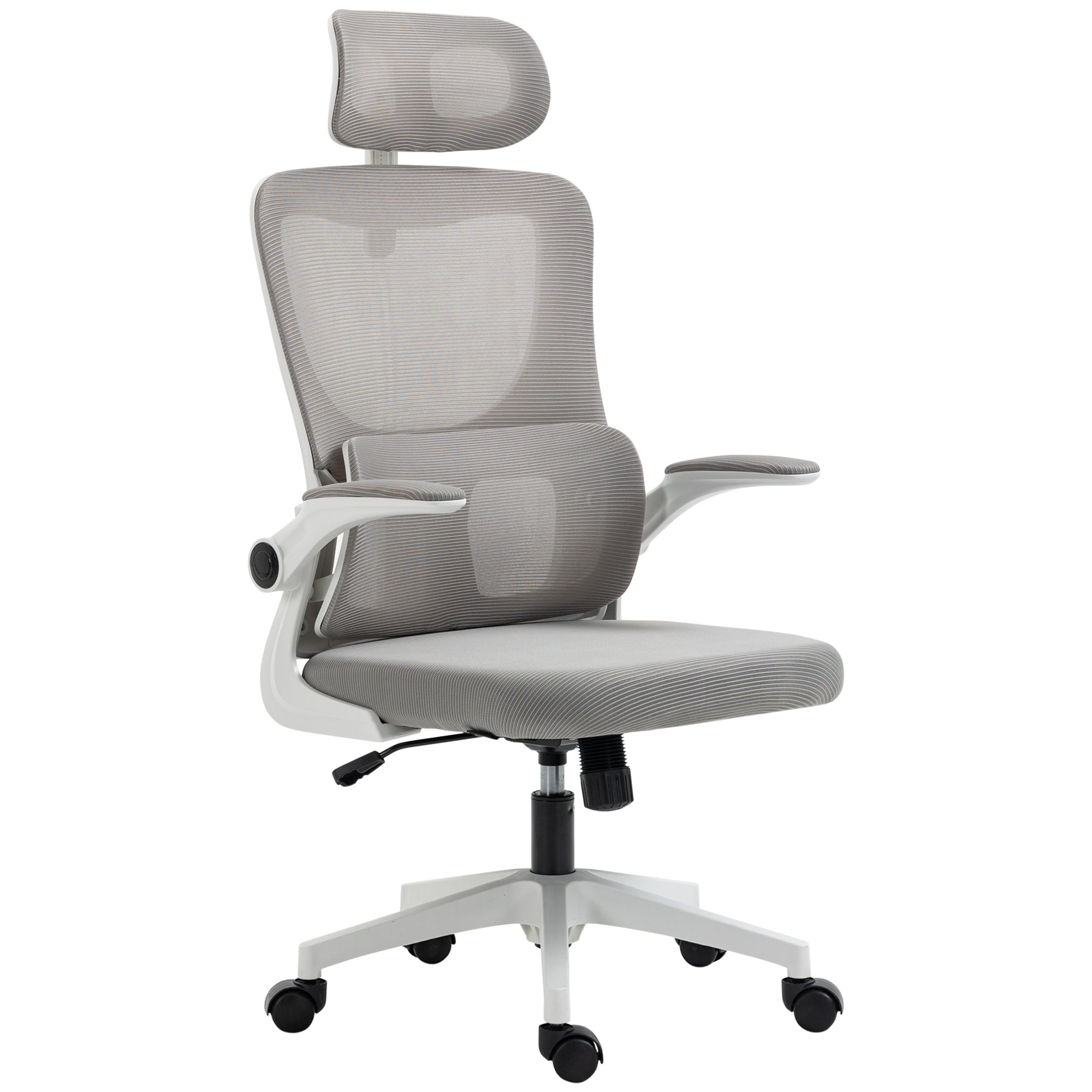 Fauteuil de bureau, chaise ergonomique, maille respirant, accoudoirs relevables, pivotant, appui-tête réglable et support lombaire, hauteur d'assise réglable, gris