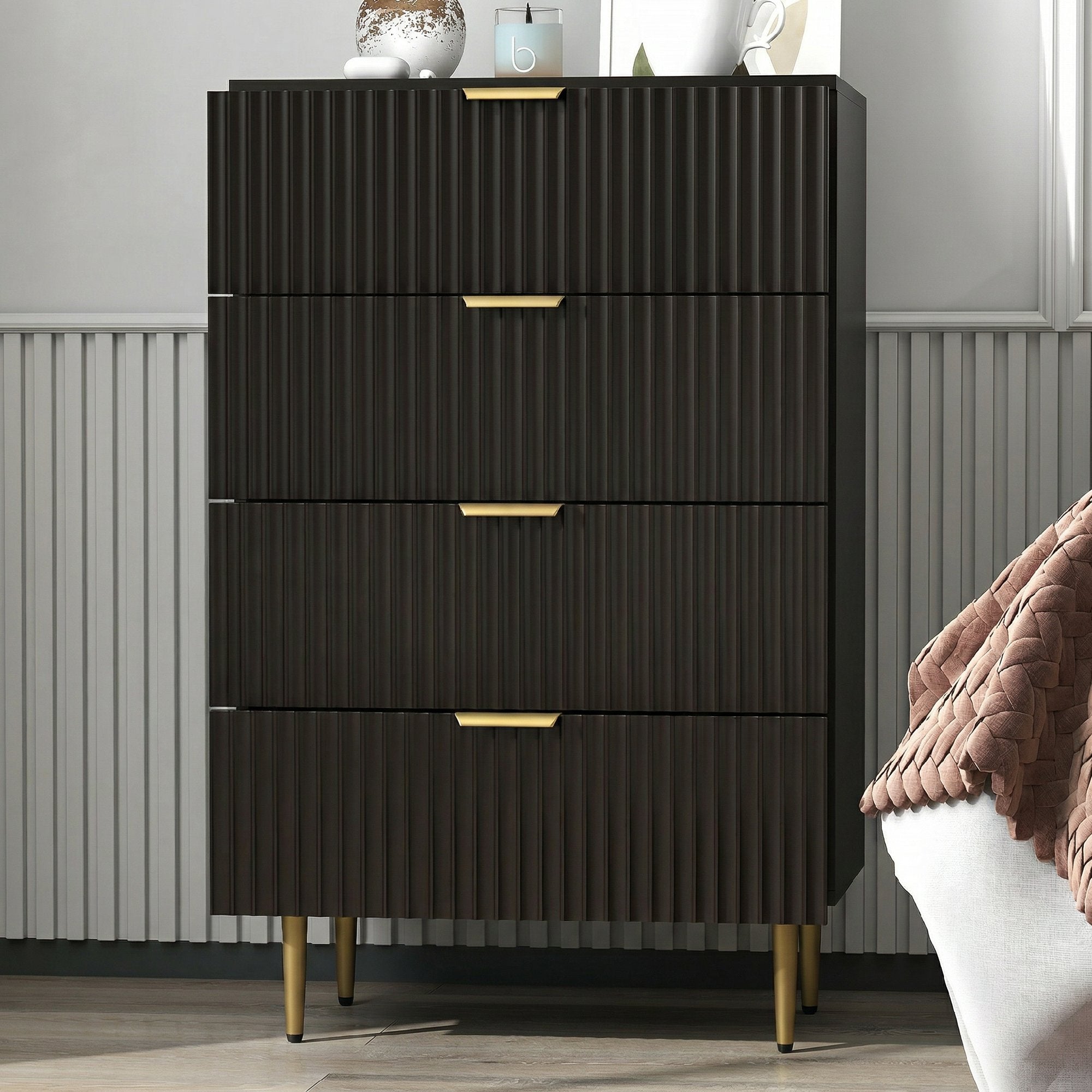 Commode 4 tiroirs commode chambre meuble de rangement moderne avec poignées et pieds dorés, pour chambre à coucher, salon, dim. 60 x 40 x 96 cm, noir