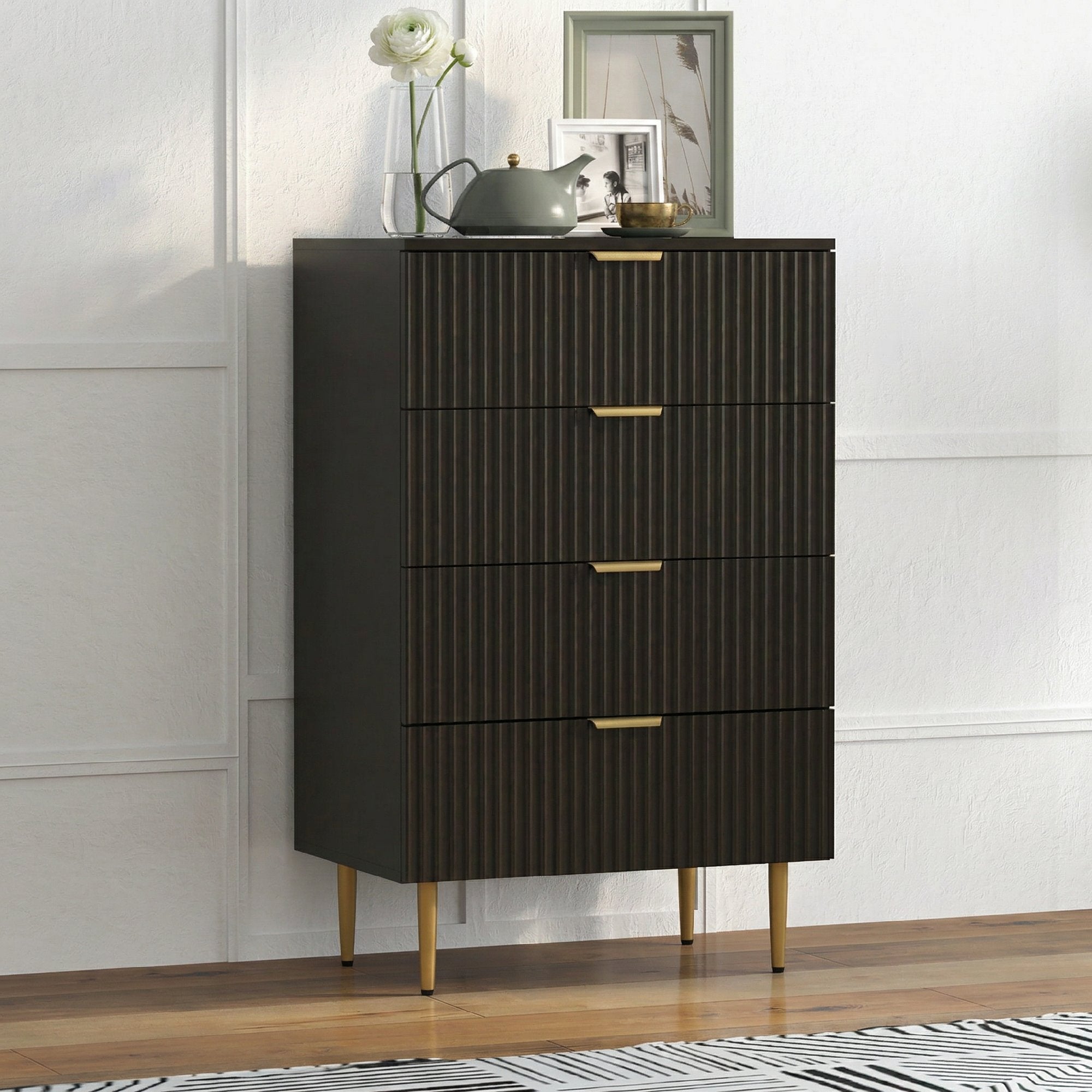 Commode 4 tiroirs commode chambre meuble de rangement moderne avec poignées et pieds dorés, pour chambre à coucher, salon, dim. 60 x 40 x 96 cm, noir