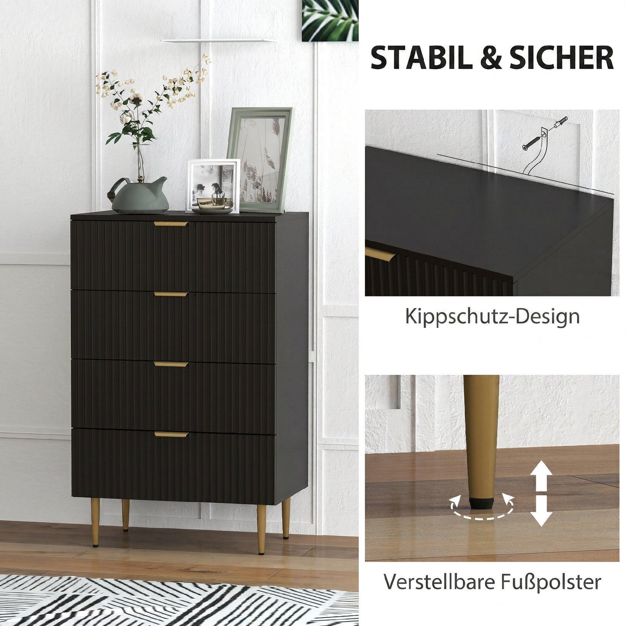 Commode 4 tiroirs commode chambre meuble de rangement moderne avec poignées et pieds dorés, pour chambre à coucher, salon, dim. 60 x 40 x 96 cm, noir