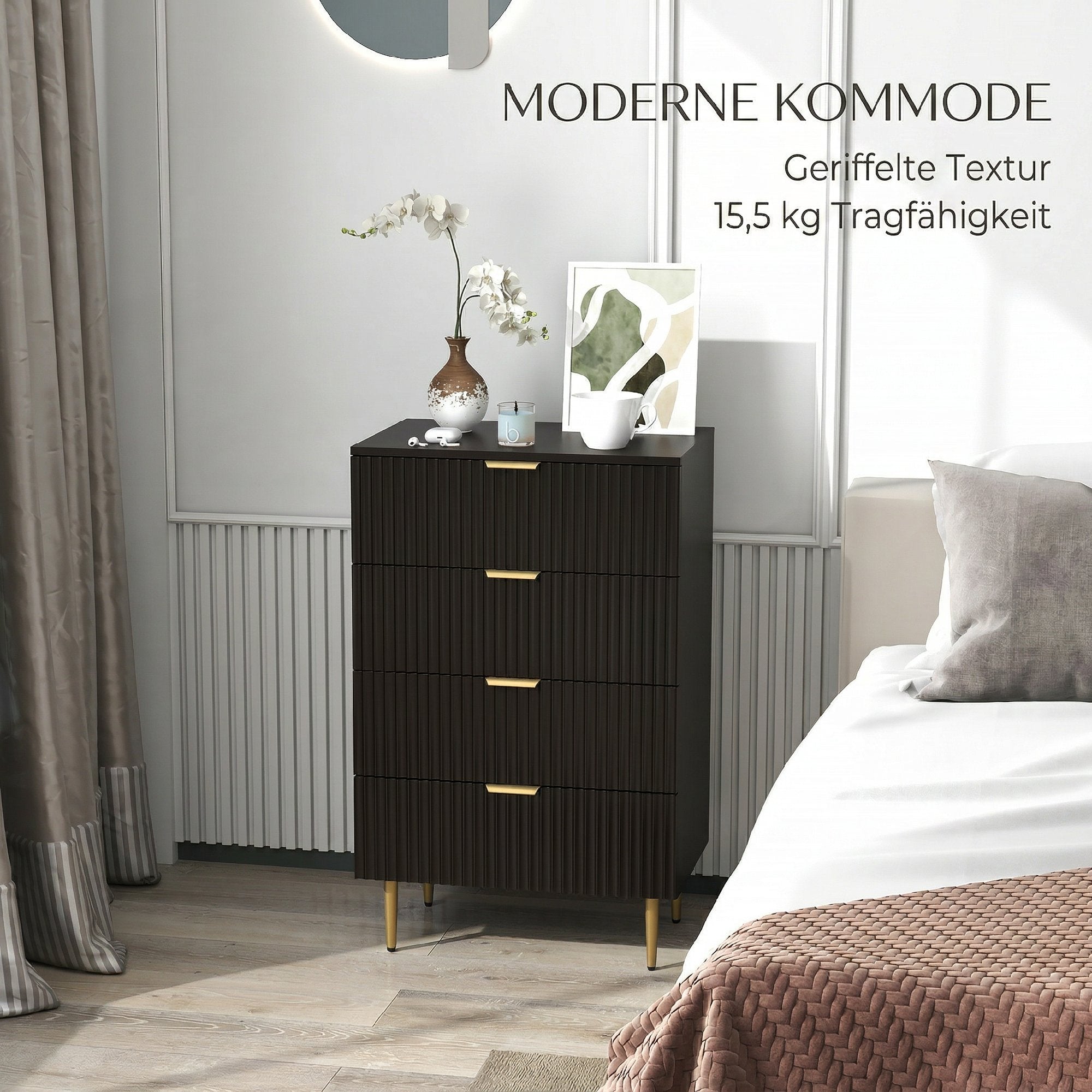 Commode 4 tiroirs commode chambre meuble de rangement moderne avec poignées et pieds dorés, pour chambre à coucher, salon, dim. 60 x 40 x 96 cm, noir
