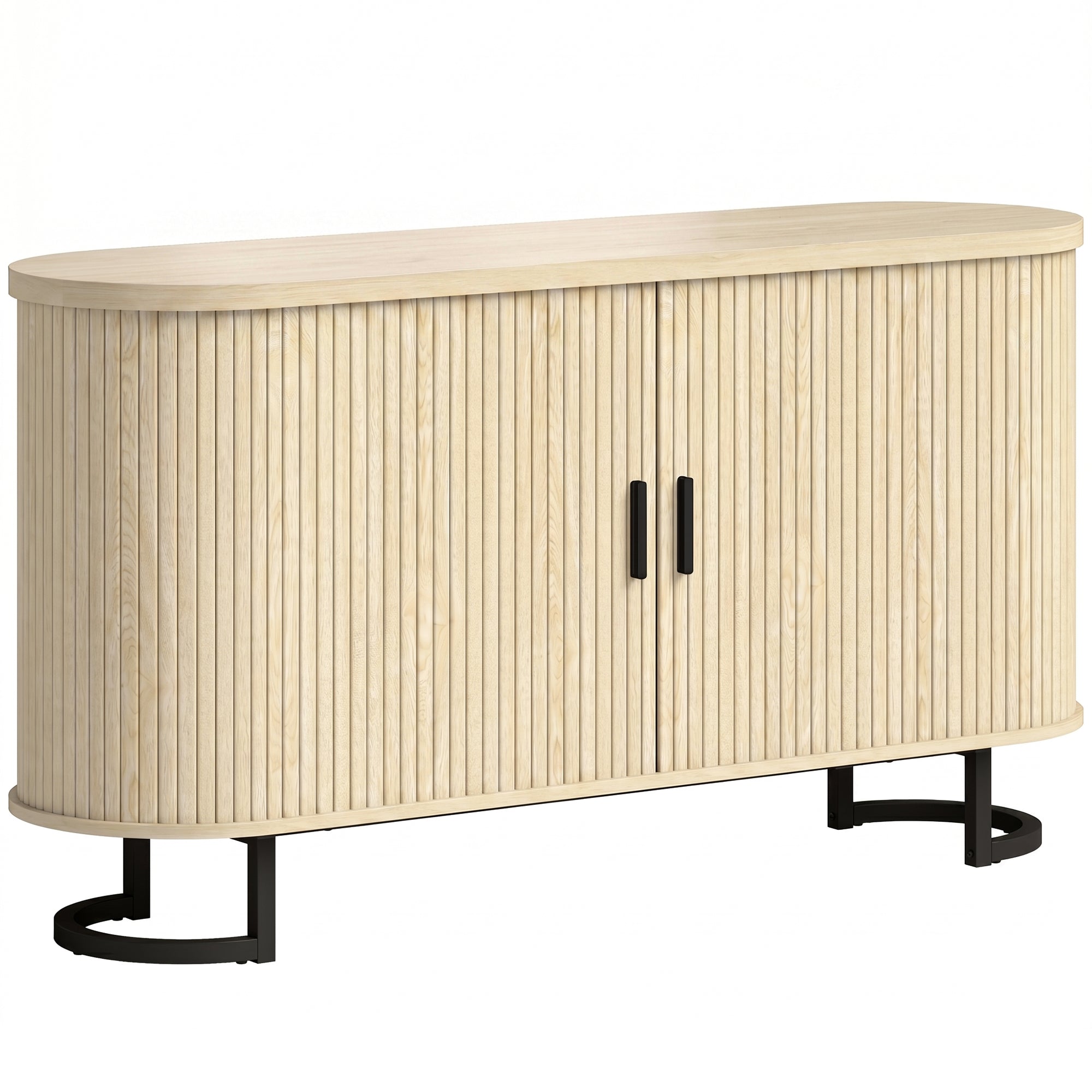 Buffet salon, meuble de rangement ovale avec 2 portes coulissantes et étagères réglables, meuble TV jusqu'à 60 pouces, style moderne, buffet salle à manger et cuisine, 140x40x75cm, bois naturel
