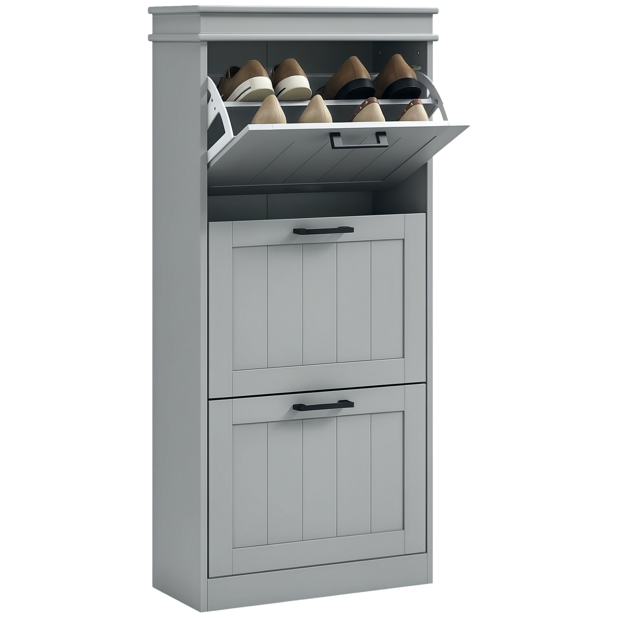 Meuble à chaussures 15 paires, armoire à chaussures étroite moderne avec 3 tiroirs rabattables et étagères réglables, pour couloir et entrée, 54 x 24 x 117,5 cm, gris