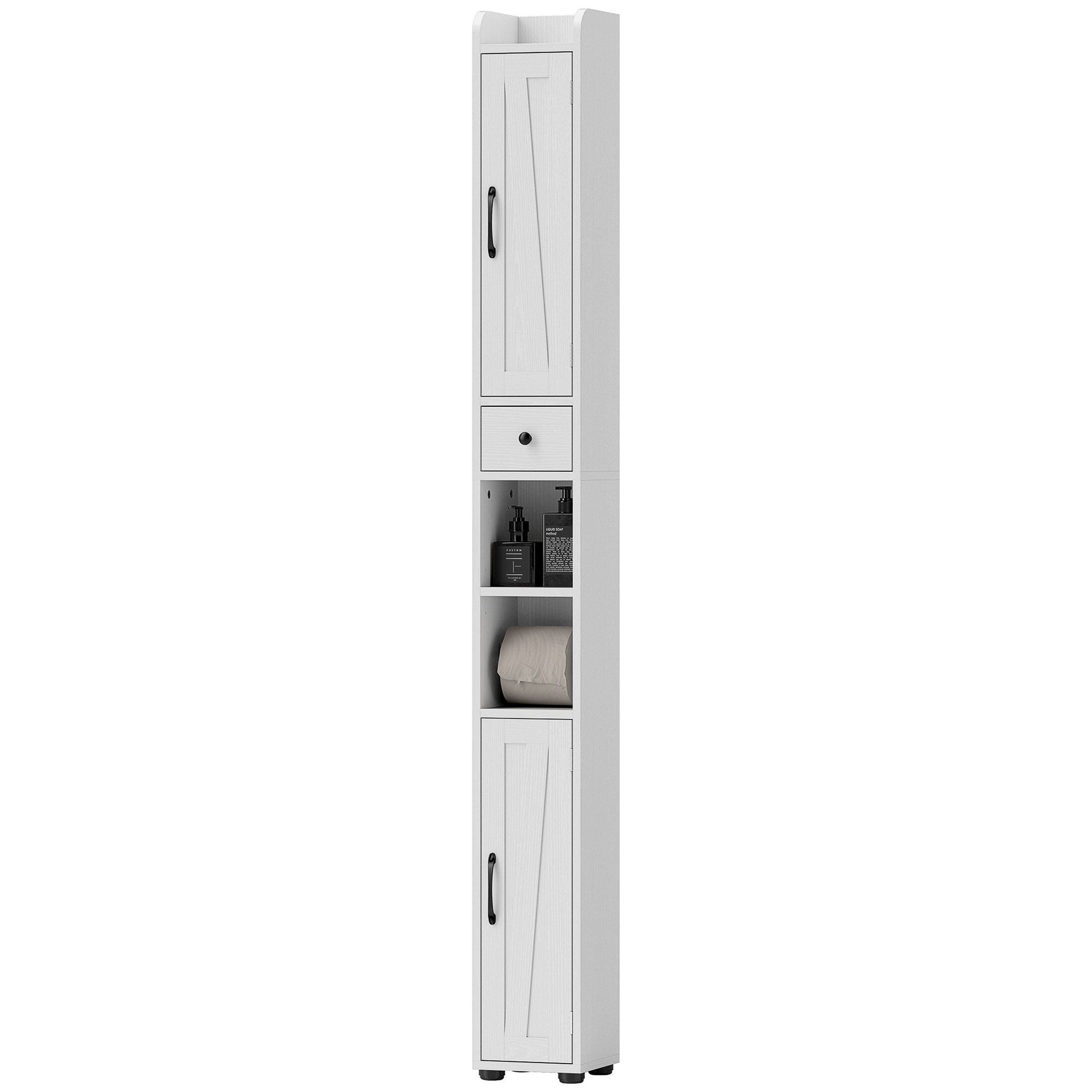 Armoire salle de bain haute, meuble de rangement colonne, 2 portes, tiroir, niches ouvertes, étagères réglables et porte-papier, meuble étroit pour toilette, petits espaces, 20x20x185cm, blanc