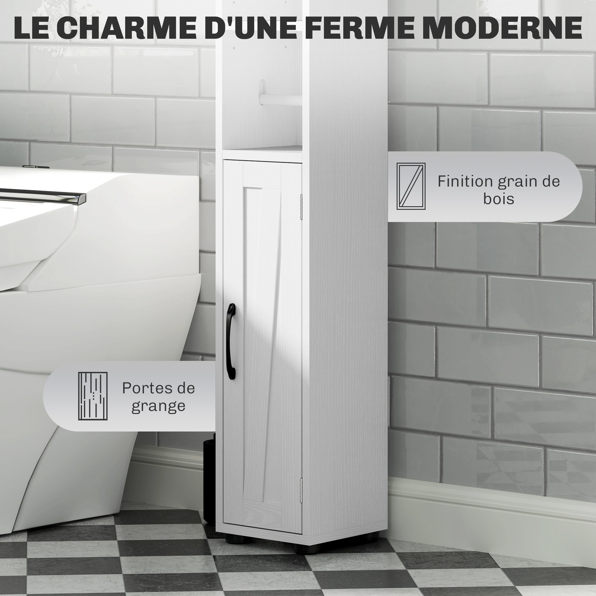 Armoire salle de bain haute, meuble de rangement colonne, 2 portes, tiroir, niches ouvertes, étagères réglables et porte-papier, meuble étroit pour toilette, petits espaces, 20x20x185cm, blanc