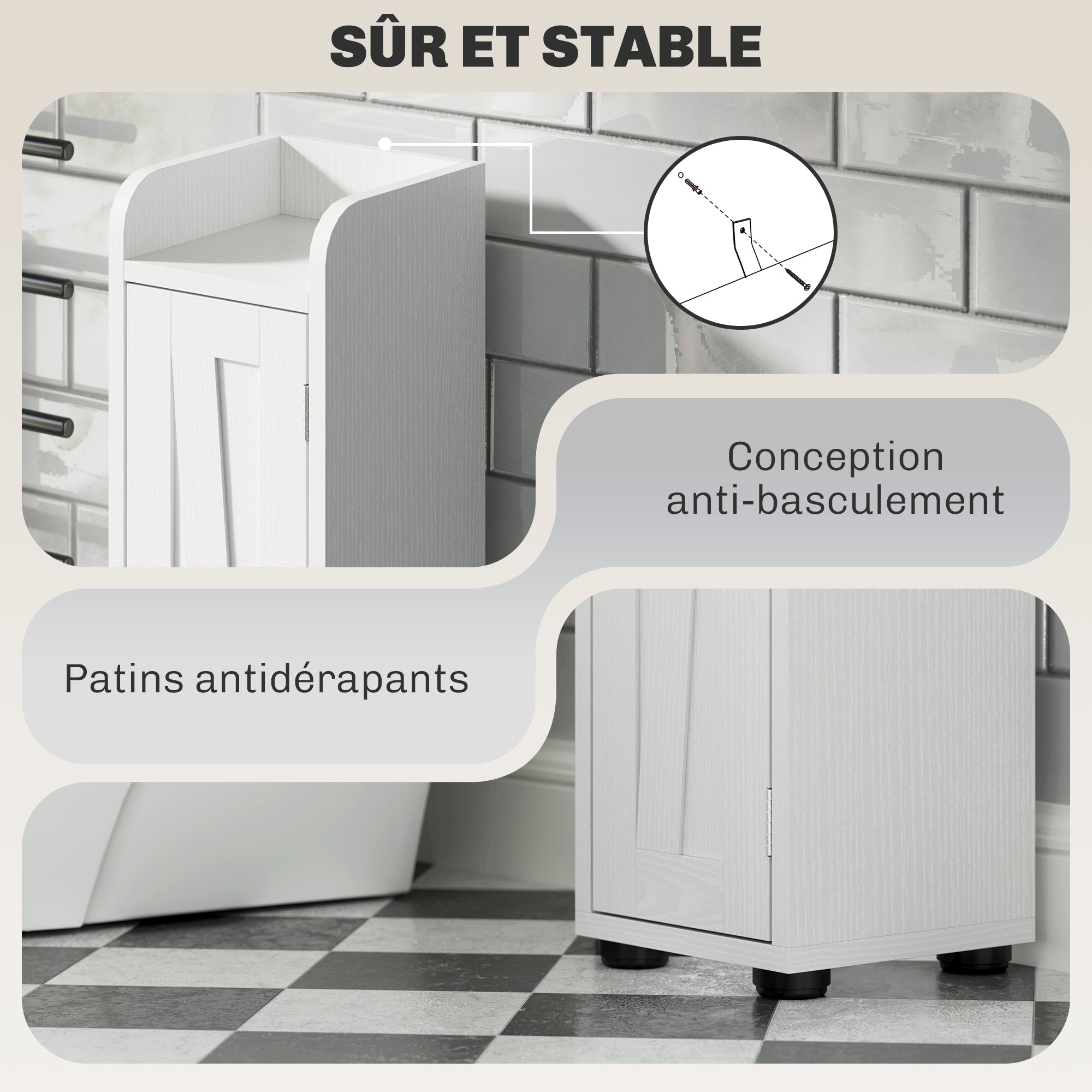 Armoire salle de bain haute, meuble de rangement colonne, 2 portes, tiroir, niches ouvertes, étagères réglables et porte-papier, meuble étroit pour toilette, petits espaces, 20x20x185cm, blanc