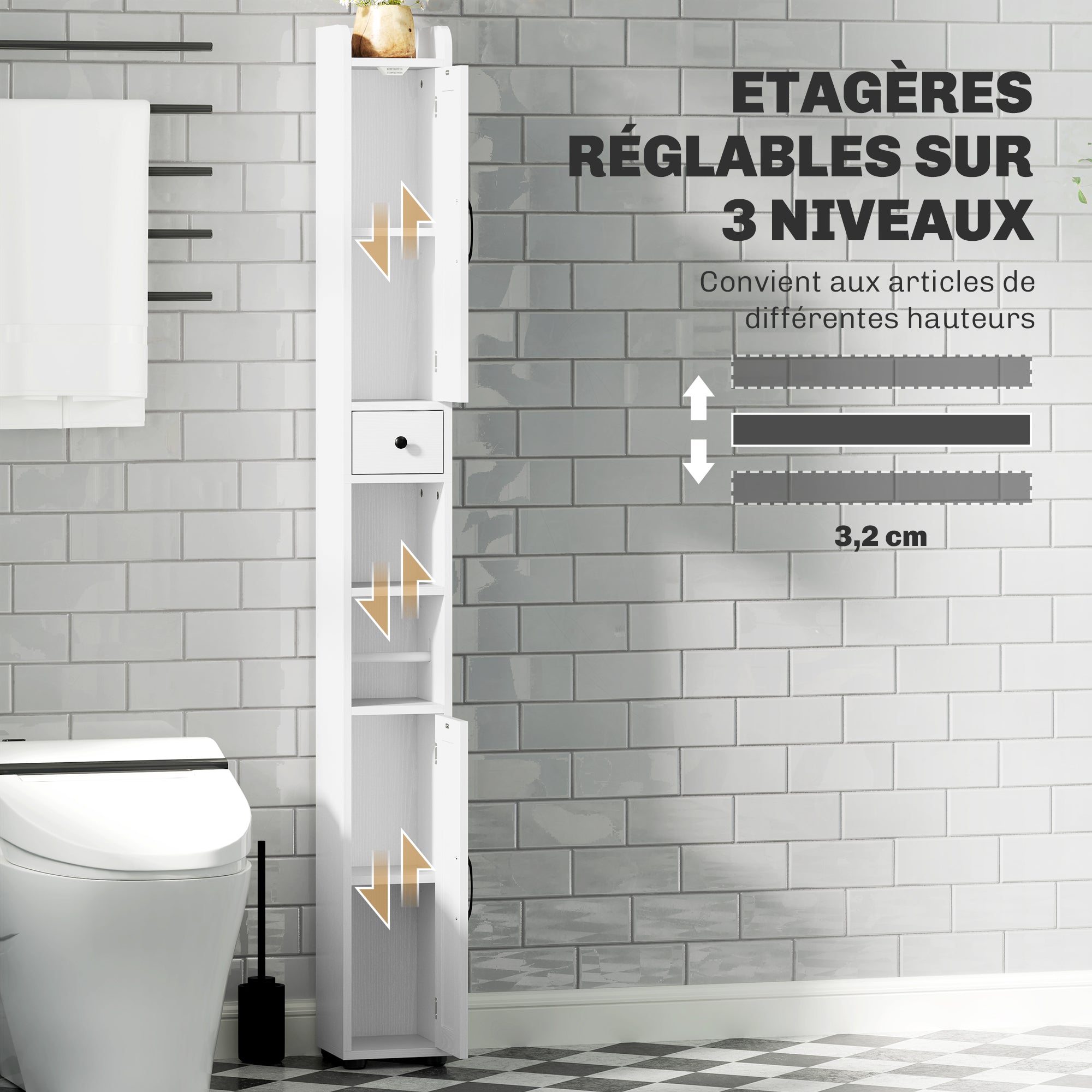 Armoire salle de bain haute, meuble de rangement colonne, 2 portes, tiroir, niches ouvertes, étagères réglables et porte-papier, meuble étroit pour toilette, petits espaces, 20x20x185cm, blanc