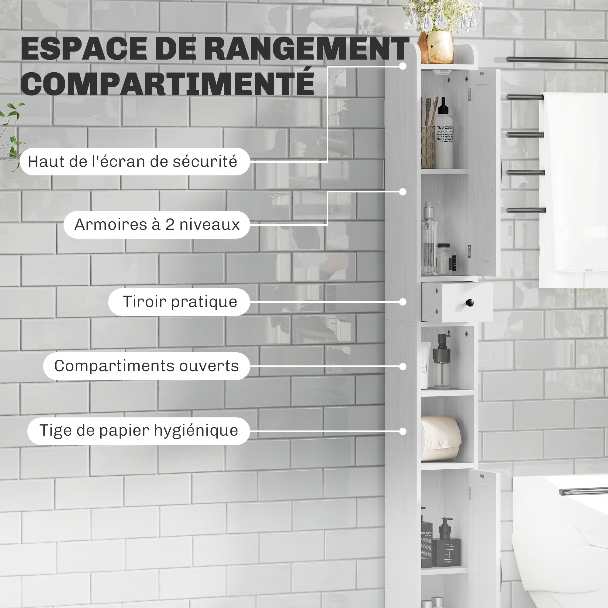 Armoire salle de bain haute, meuble de rangement colonne, 2 portes, tiroir, niches ouvertes, étagères réglables et porte-papier, meuble étroit pour toilette, petits espaces, 20x20x185cm, blanc