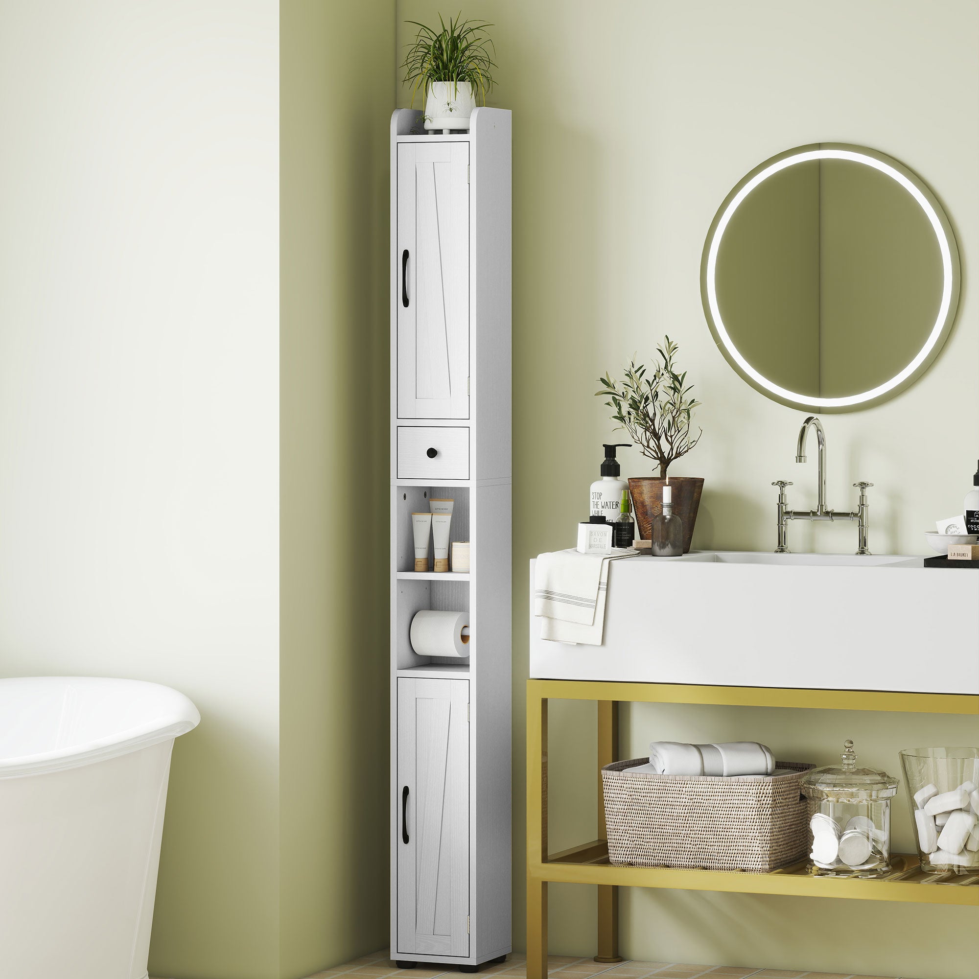 Armoire salle de bain haute, meuble de rangement colonne, 2 portes, tiroir, niches ouvertes, étagères réglables et porte-papier, meuble étroit pour toilette, petits espaces, 20x20x185cm, blanc
