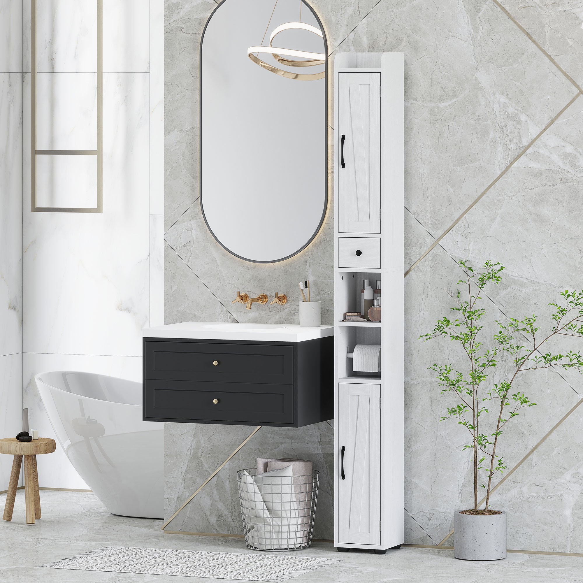 Armoire salle de bain haute, meuble de rangement colonne, 2 portes, tiroir, niches ouvertes, étagères réglables et porte-papier, meuble étroit pour toilette, petits espaces, 20x20x185cm, blanc