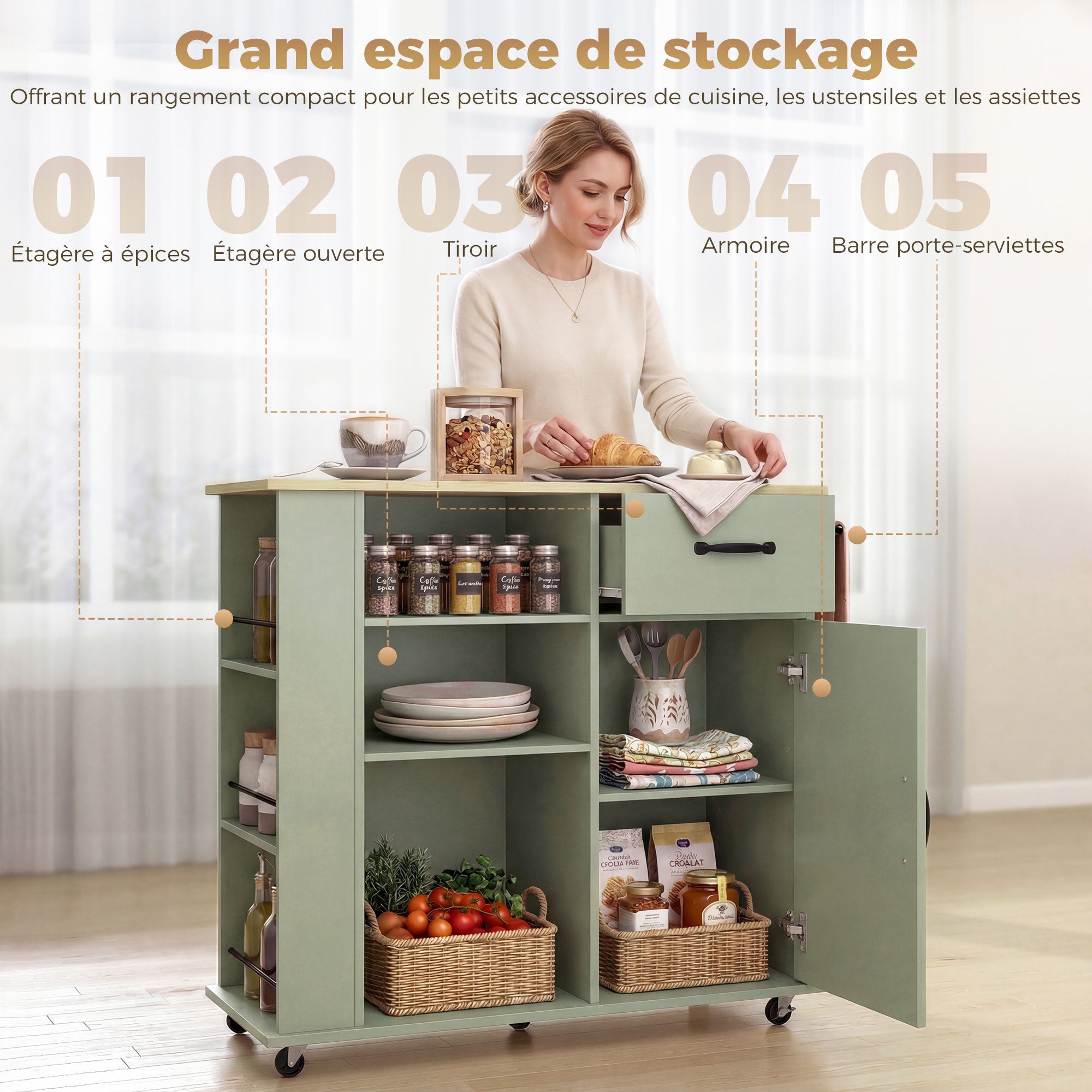 Desserte de cuisine à roulettes, îlot central cuisine avec tiroir, porte, compartiments ouverts, étagère réglable et porte-épices, chariot de rangement pour salle à manger, 96,5x38x87cm, vert