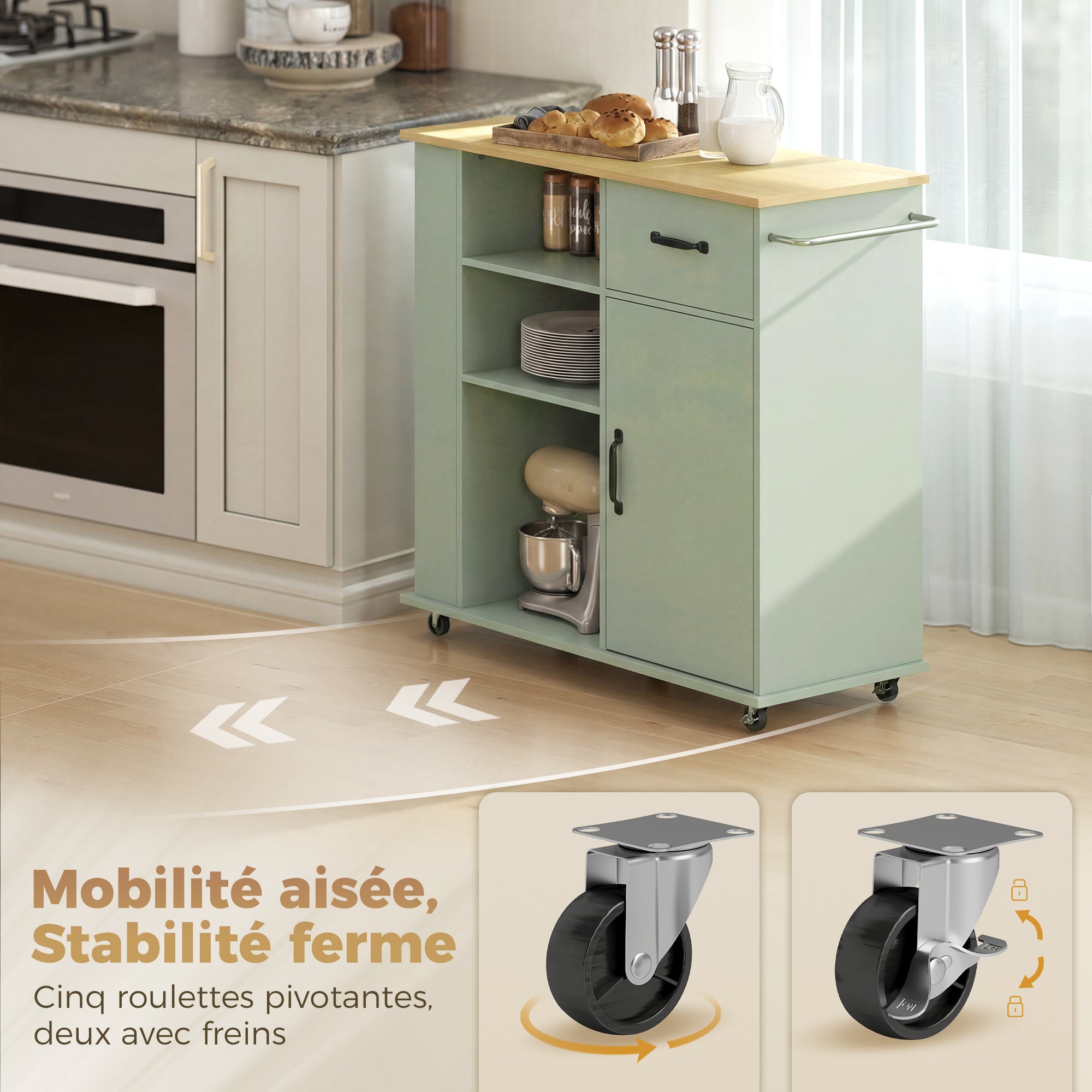 Desserte de cuisine à roulettes, îlot central cuisine avec tiroir, porte, compartiments ouverts, étagère réglable et porte-épices, chariot de rangement pour salle à manger, 96,5x38x87cm, vert