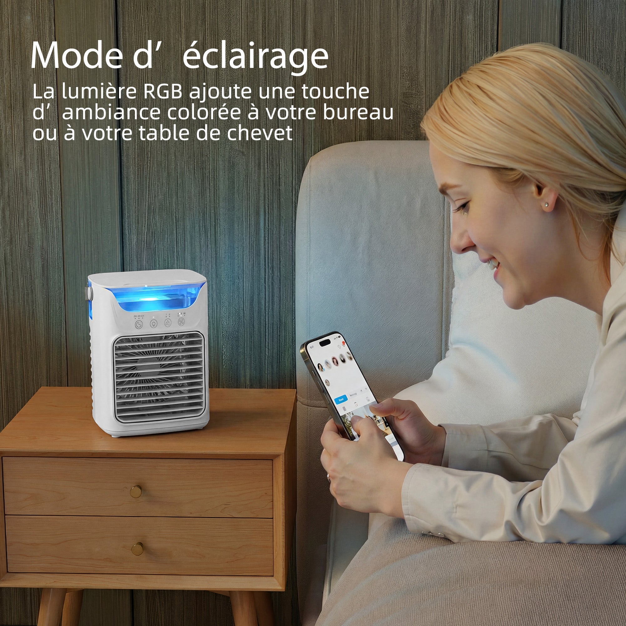 Ventilateur de table avec lumière RGB, ventilateur de bureau avec tête orientable, 3 vitesses, réservoir d'eau de 700 ml, pour chambre, dortoir et bureau, blanc