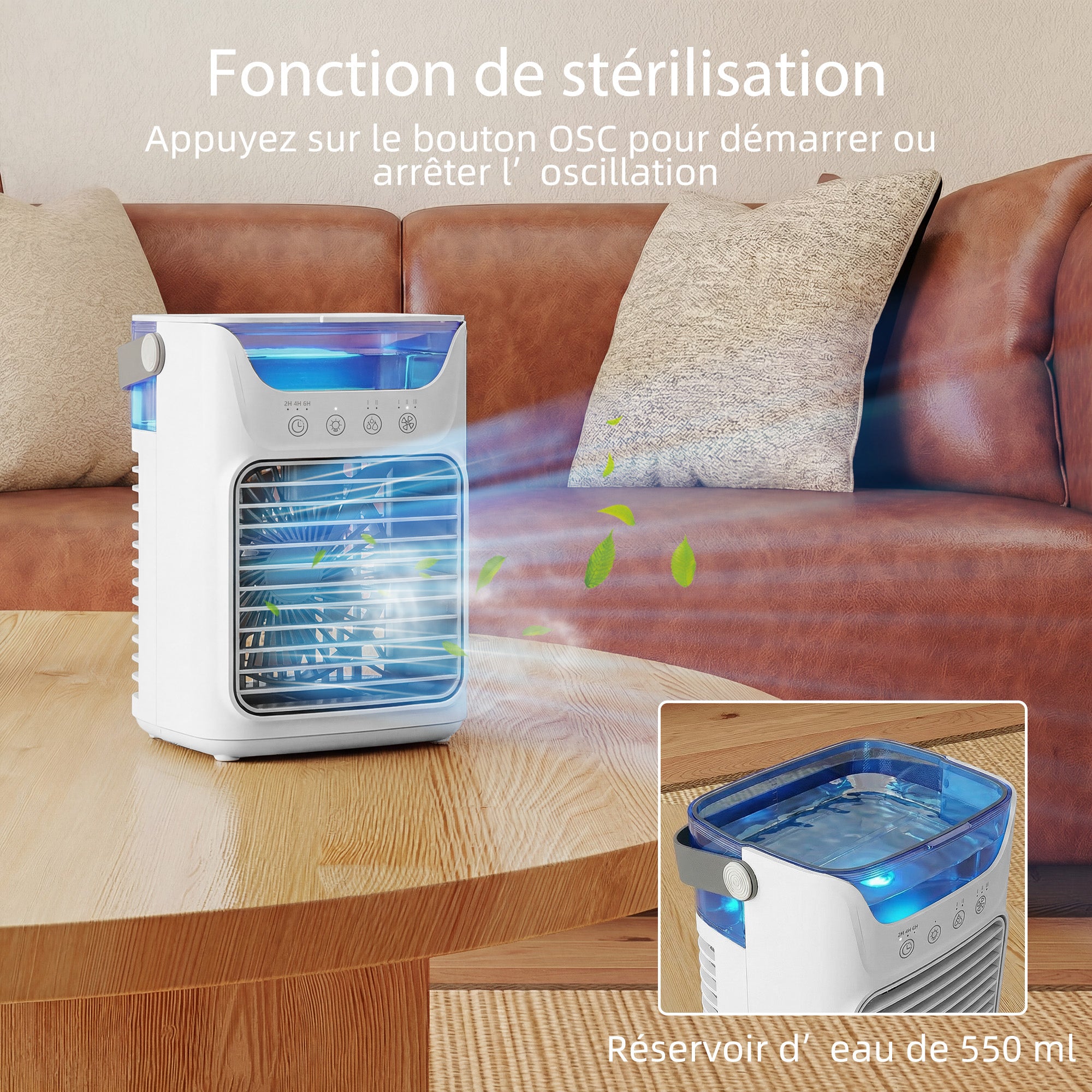 Ventilateur de table avec lumière RGB, ventilateur de bureau avec tête orientable, 3 vitesses, réservoir d'eau de 700 ml, pour chambre, dortoir et bureau, blanc