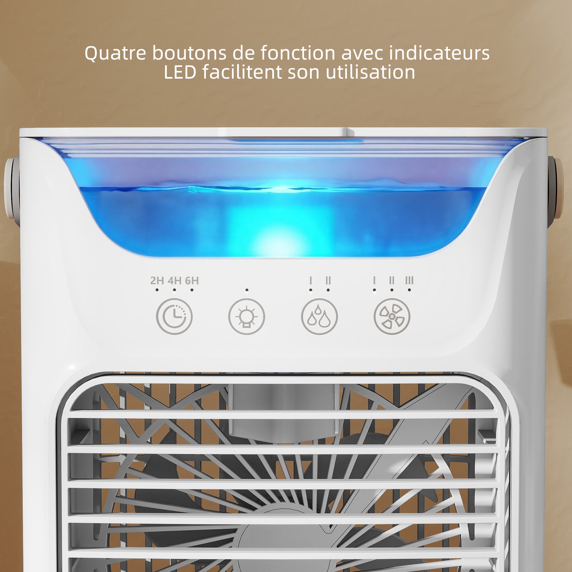 Ventilateur de table avec lumière RGB, ventilateur de bureau avec tête orientable, 3 vitesses, réservoir d'eau de 700 ml, pour chambre, dortoir et bureau, blanc