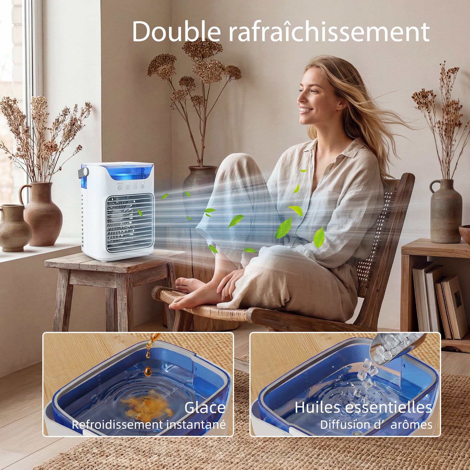 Ventilateur de table avec lumière RGB, ventilateur de bureau avec tête orientable, 3 vitesses, réservoir d'eau de 700 ml, pour chambre, dortoir et bureau, blanc