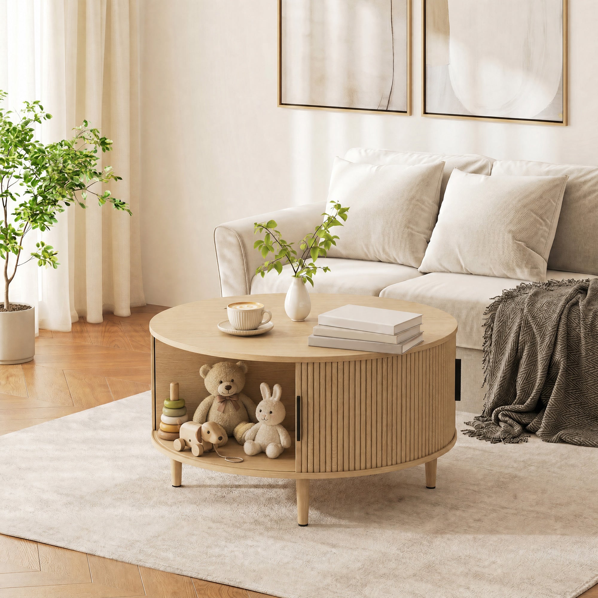 Table Basse Ronde Ø 80 cm, Table de Salon avec Plateau Relevable et Porte Coulissante à Rainures, Base en Tambour, Style Moderne, pour Chambre, Séjour e Bureau, Effet Bois Naturel