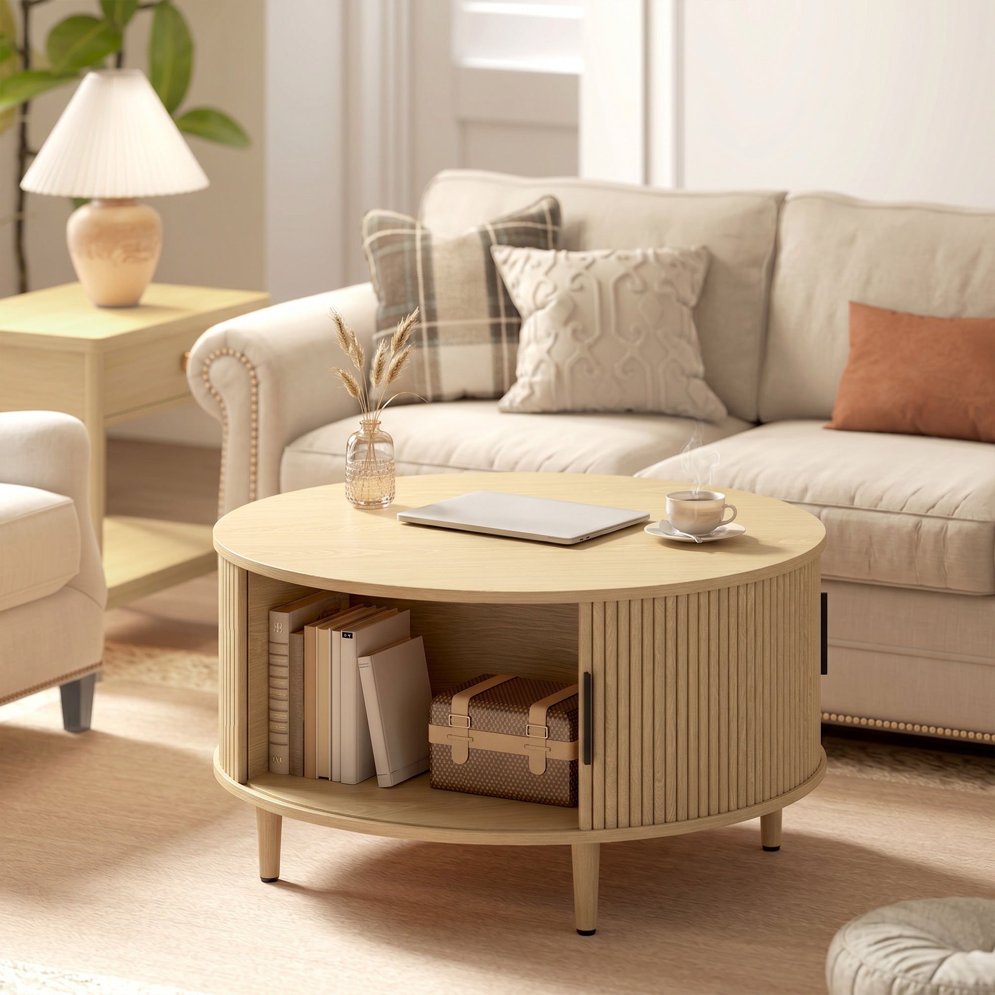 Table Basse Ronde Ø 80 cm, Table de Salon avec Plateau Relevable et Porte Coulissante à Rainures, Base en Tambour, Style Moderne, pour Chambre, Séjour e Bureau, Effet Bois Naturel